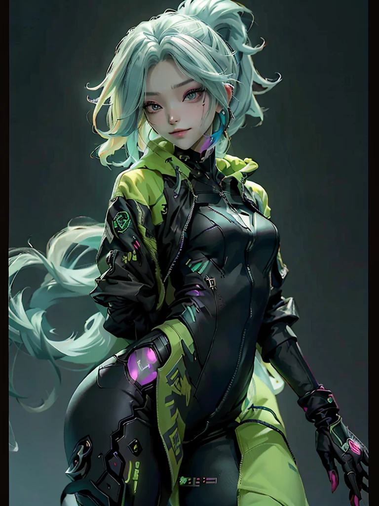 perfil de lado, a Androgynous in a green detalhes neon, Nijiexpressive_VI, hoodie standing ( ( bit flip | god of ai art ) ), beautiful smile mad! android woman, by Ram baleia orca alien, Androgynous character humana, cheio de armas, exoesqueleto cinza, detalhes neon, neon black smoke, naves pequenas ao redor, featured on amiami, trending on artstaion, cd jacket, horrific yet beautiful vibe, sligengine, artstatiom, inspired by Tokyo Ghoul, Niji_smile: 1> formato da imagem 3:4