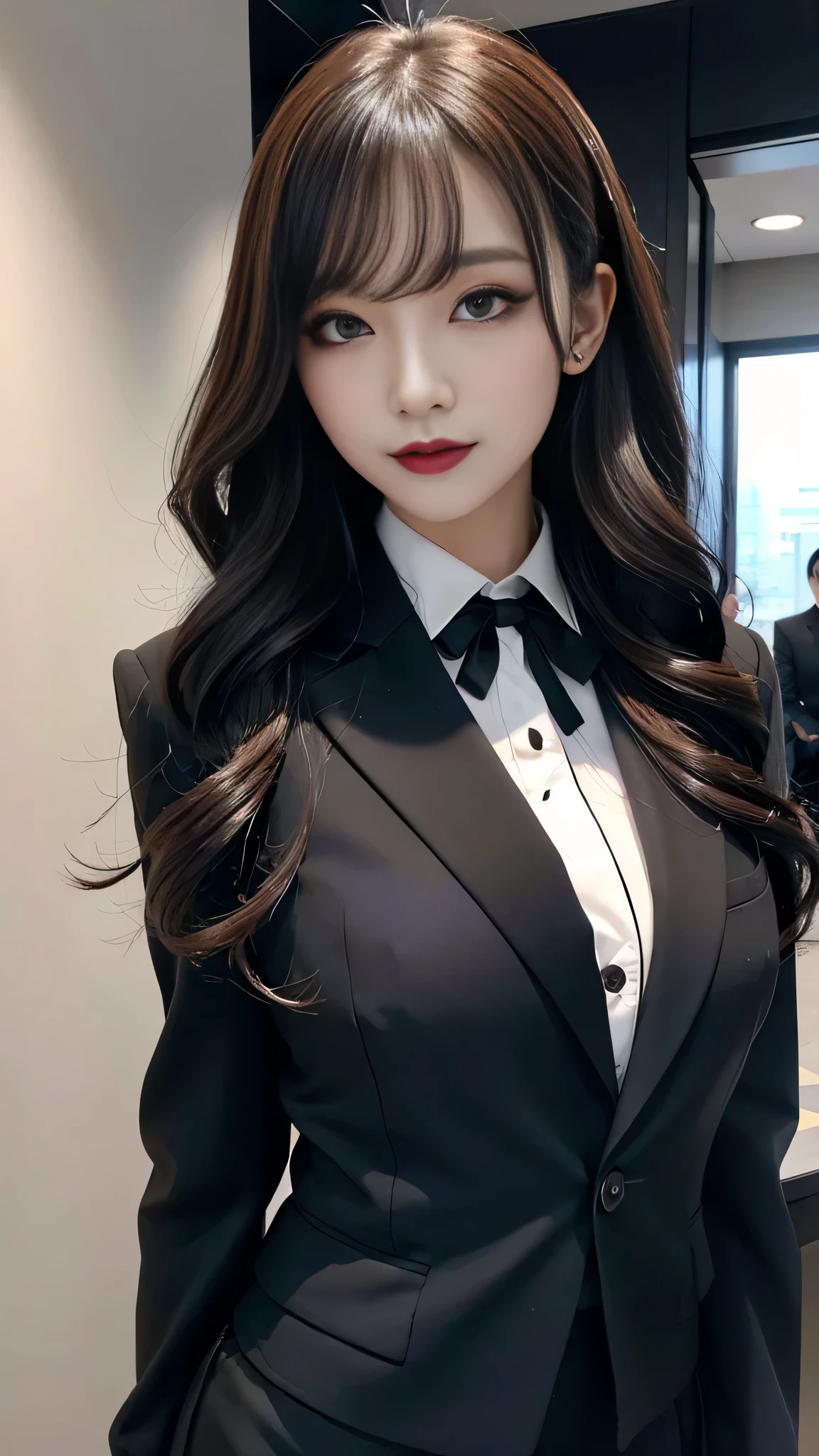 best quality、ultra-detailed、4k、Japanese、Seductive beauty、seductive adult woman、Pretty Woman、cool girl、Villainess、Brainwashed、brainwash、Fallen into evil、smirk、Evil look、Wicked Smile、evil、Brown hair、wavy hair、swept bangs、dark makeup、dark makeup、piercing eyes、hollow eyes,half-closed eyes、Hollow Eyes、purple Eyeshadow、black lipstick、black lipglos、office staff suit、suit、Jacket、White Shirt、Black Ribbon、Tight Skirt、pantyhose、night、inside darkroom、Applying lipstick、Emblem of Evil、Crest of Darkness、Swear allegiance、I have pledged my allegiance、Dye black、Blackening、Stained with evil、Dyed in darkness、Seduce