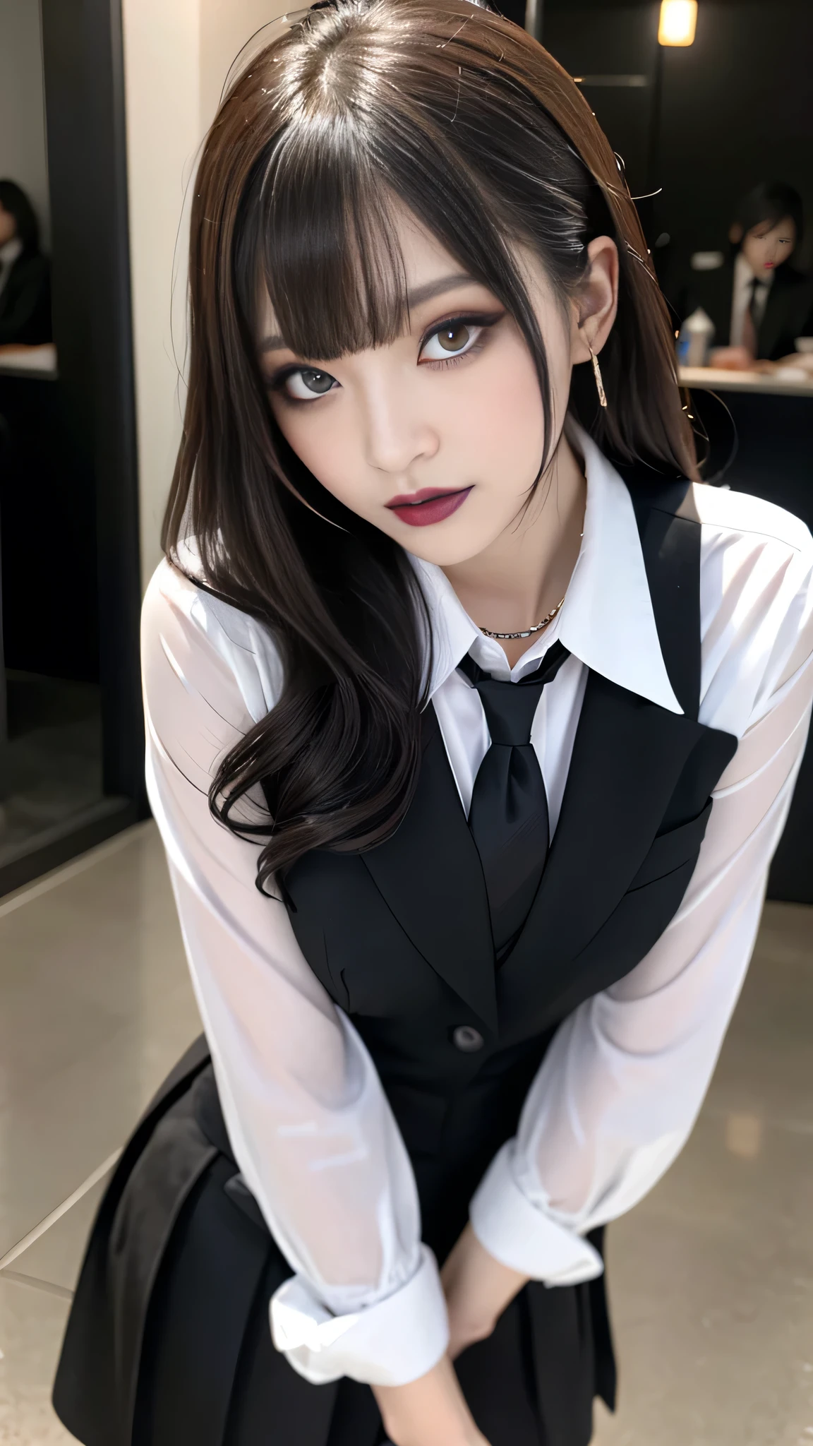 Beautiful woman, 25 years old, high ponytail, bright purple hair (like bright silver), perfect purple hair, Beautiful breasts, (Realistic skin),elegant upper class wearing a black pantsuit, black jacket, white shirt, cleavage visible, black pumps, and a business shirt. Elite secretary, working in the office, wearing a strict business suit, pantsuit style, wearing luxury high heels, girl wearing a shirt, wearing a business suit, wearing a business suit, black nail art, business Wearing a suit, Businessman, Business clothes, Wearing a black business suit, Wearing a white shirt and black jacket, Woman in a business suit, Business suit, Business attire, Raw photo, (8K, highest quality, Masterpiece: 1.2), (Complex Detail: 1.4), (Photoreal: 1.4), Octane Rendering, Complex 3D Rendering Super Detail, Studio Soft Light, Rim Light, Vibrant Detail, Super Detail, Realistic Skin texture, surface details, beautifully detailed eyes, highly detailed CG Unity 16k wallpaper, supplement, (detailed background:1.2),pony tail