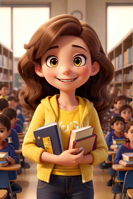 A young Caucasian girl with long, wavy brown hair, DISTRIBUTING yellow BOOKS TO STUDENTS, yellow books in her both hands. a proud smile on her face. Cute face. Cute expressions. Students are happy holding books