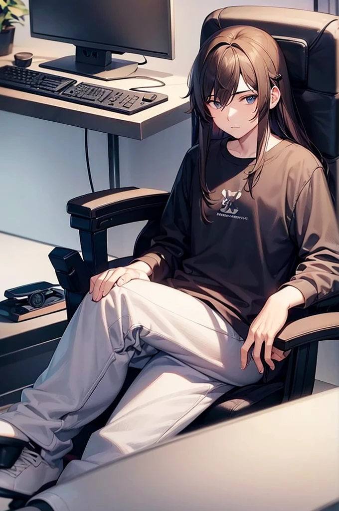 a  boy with long brown hair sitting in a gaming chair he an streamer