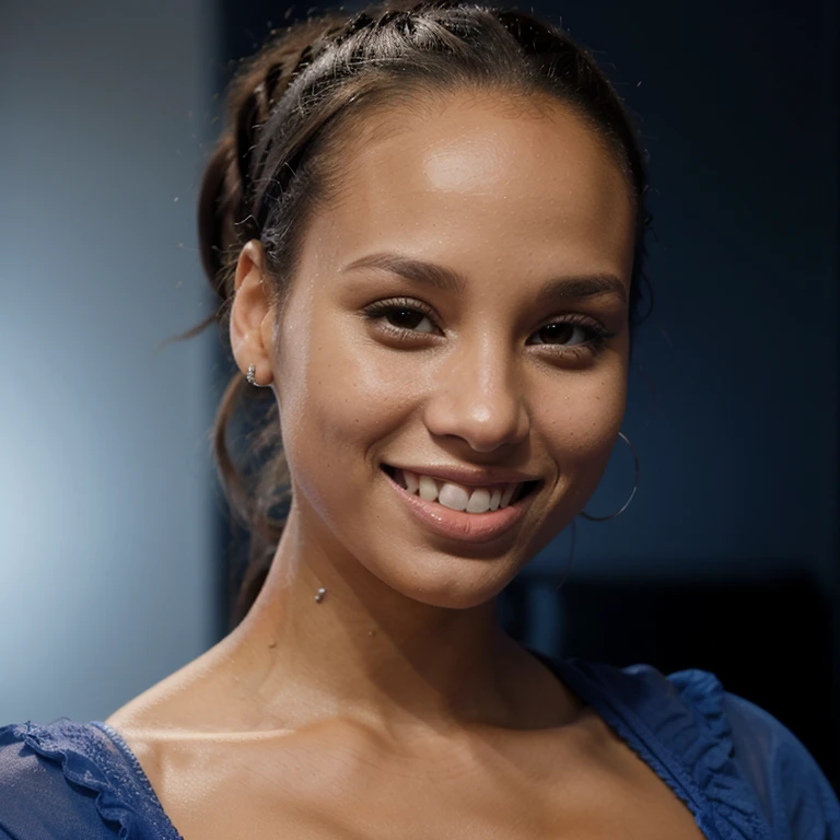 Alicia Keys with ponytail wearing a blue babydoll and smiling