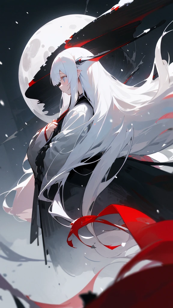 (masterpiece、highest quality)、Very long white hair、Very long white hairの女の1人、Black cardigan、Grim expression、Grey Eyes、Warm lighting、 Blurred foreground、Deep in the night、High Contrast、night,snowing,Heavy snowfall,winter,Alone in the vast snowy field,whole body,curse,Facing forward,Huge construction,Flying with robot wings,Long Hair,Pitch black night,full moon,universe,Princess Kaguya,planet,red