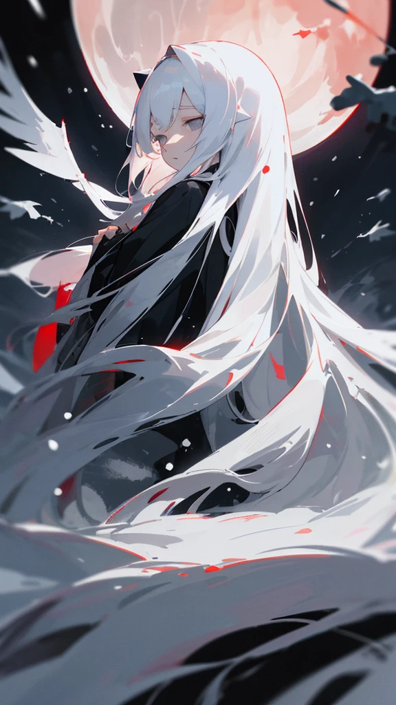 (masterpiece、highest quality)、Very long white hair、Very long white hairの女の1人、Black cardigan、Grim expression、Grey Eyes、Warm lighting、 Blurred foreground、Deep in the night、High Contrast、night,snowing,Heavy snowfall,winter,Alone in the vast snowy field,whole body,curse,Facing forward,Huge construction,Flying with robot wings,Long Hair,Pitch black night,full moon,universe,Princess Kaguya,planet,red
