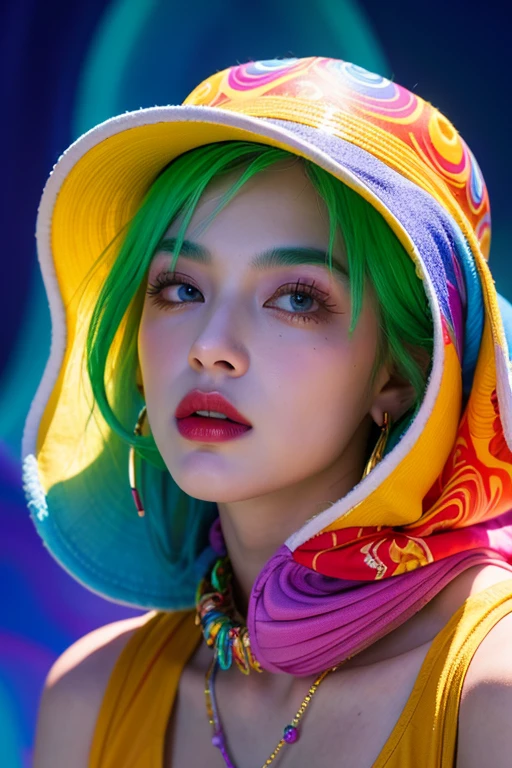 An artistic vision of a male eskimo figure in a psychedelic portrait. 
He has light skin with a fearful expression; his lips are painted blue. 
Wearing round sunglasses reflecting colorful psychedelic patterns and melting drips surrounding the frames. 
His hat and the surrounding area exhibit a vibrant, melting appearance with a mix of tropical colors like pink, yellow, blue, and purple, mimicking the liquefaction of a range of psychedelic flowers and textures. 
The background is a swirl of these grandesque psychedelic colors and patterns. 
The man also holds a glowing glass with a similarly melting effect in her hand, filled with a bright yellow liquid. 
He has blue hair peering out from under her hat and small hoop earrings visible on her ears. 
Around her neck, he wears a necklace with a pendant resembling a sea shell. 
The overall atmosphere is surreal and dream-like, with an emphasis on vivid, luminescent colors and a fluid, melting motif across the entire composition.
Spectacular view, awe striking, psychedelic, splash art, crazy, breath taking, evocative, fantasy. Hyper Realistic view ,8k photos, in amazing vivid detail,pov_eye_contact,graphic in detail,3D,Cartoon,ADD MORE DETAIL