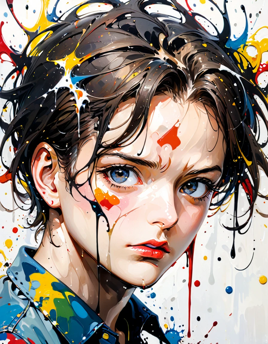 (best quality, oil painting, fancy, sharp focus), Jackson Pollock, portrait Painting, (Splash and drip art minimalism:1.1), canvas white background, studio, style painting magic, splash art, ((white background)), contour, Facial Expression: The subject’s expression is key to the painting’s impact. The slightly furrowed brow, intense gaze, and the hand to the face convey a sense of vulnerability and introspection.