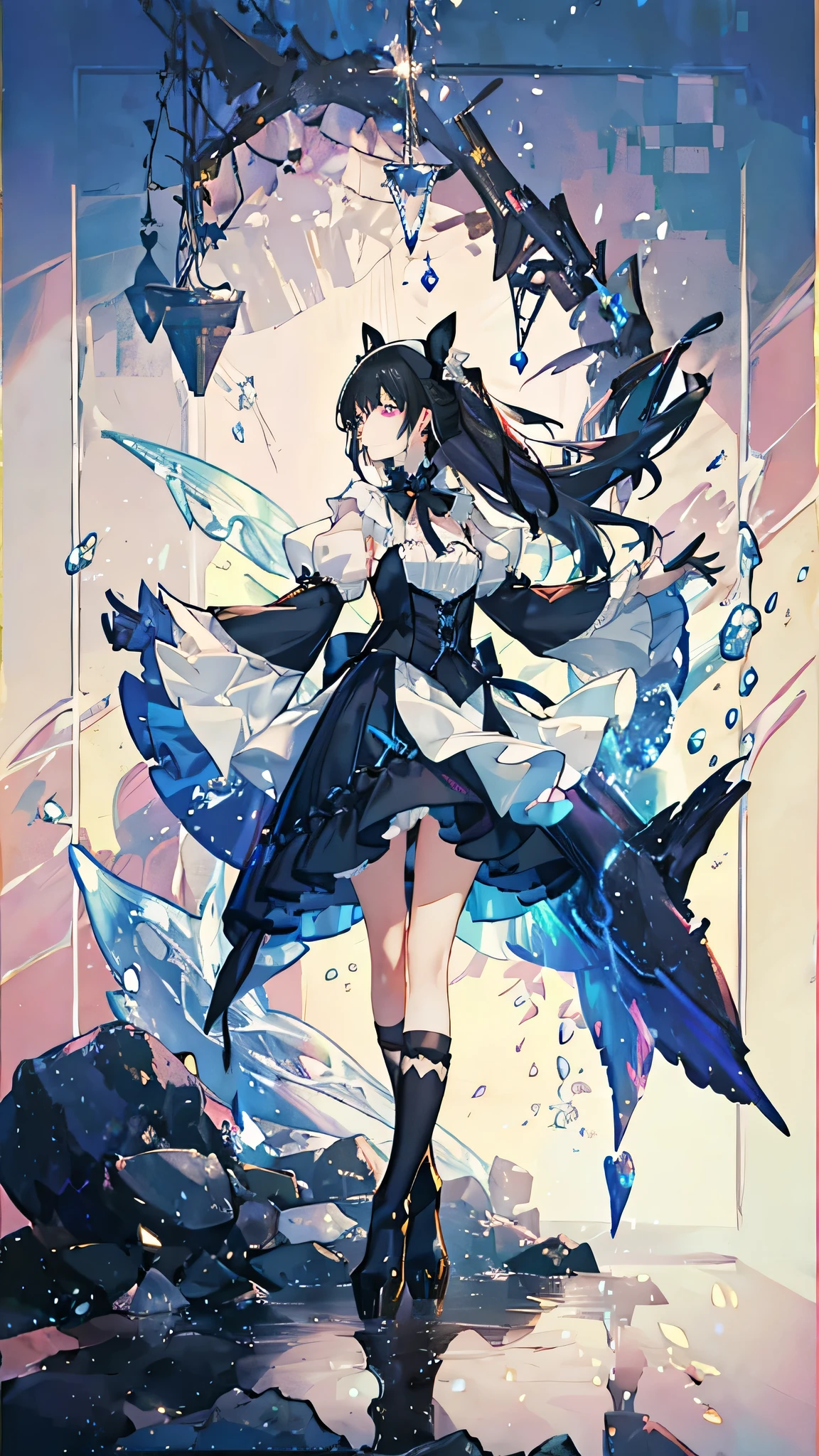 under the sea, woman, sad, tearful, floating, looking up, long hair, very long hair, hime cut, blunt bangs, black hair, pink eyes, slender,( gothic ta), long sleeves, blouse, frilled clothing, hair ribbon, earrings, gloves, knee socks, boots, ribbon, nail polish, makeup, water drop, bubble, tears, teardrop, underwater, many jewelrys,many corals, best quality, full body, dynamic angle,(cool style 1.2),(beautiful style 1.2),