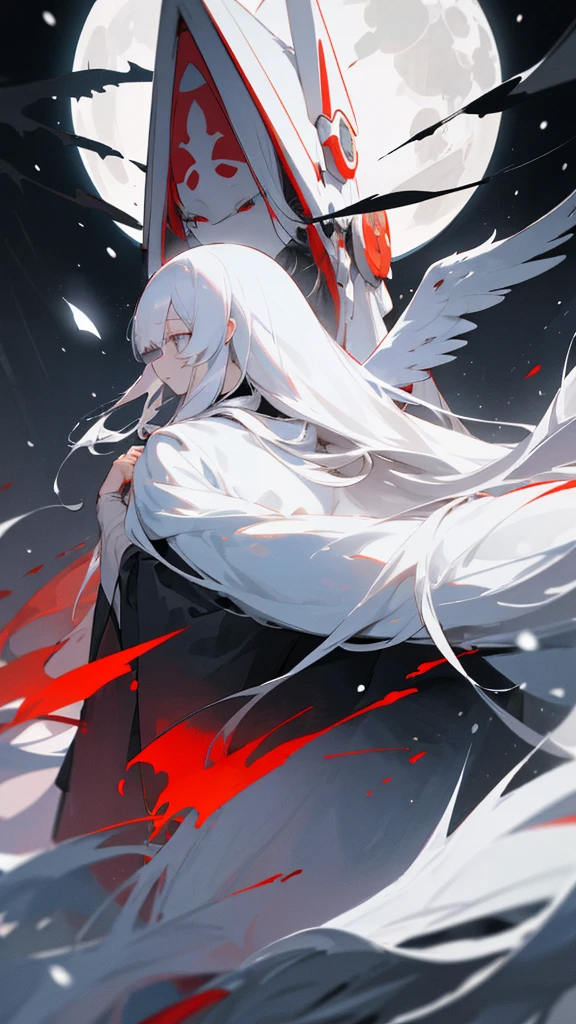 (masterpiece、highest quality)、Very long white hair、Very long white hairの女の1人、Black cardigan、Grim expression、Grey Eyes、Warm lighting、 Blurred foreground、Deep in the night、High Contrast、night,snowing,Heavy snowfall,winter,Alone in the vast snowy field,whole body,curse,Facing forward,Huge construction,Flying with robot wings,Long Hair,Pitch black night,shining yellow full moon,universe,Princess Kaguya,planet,red