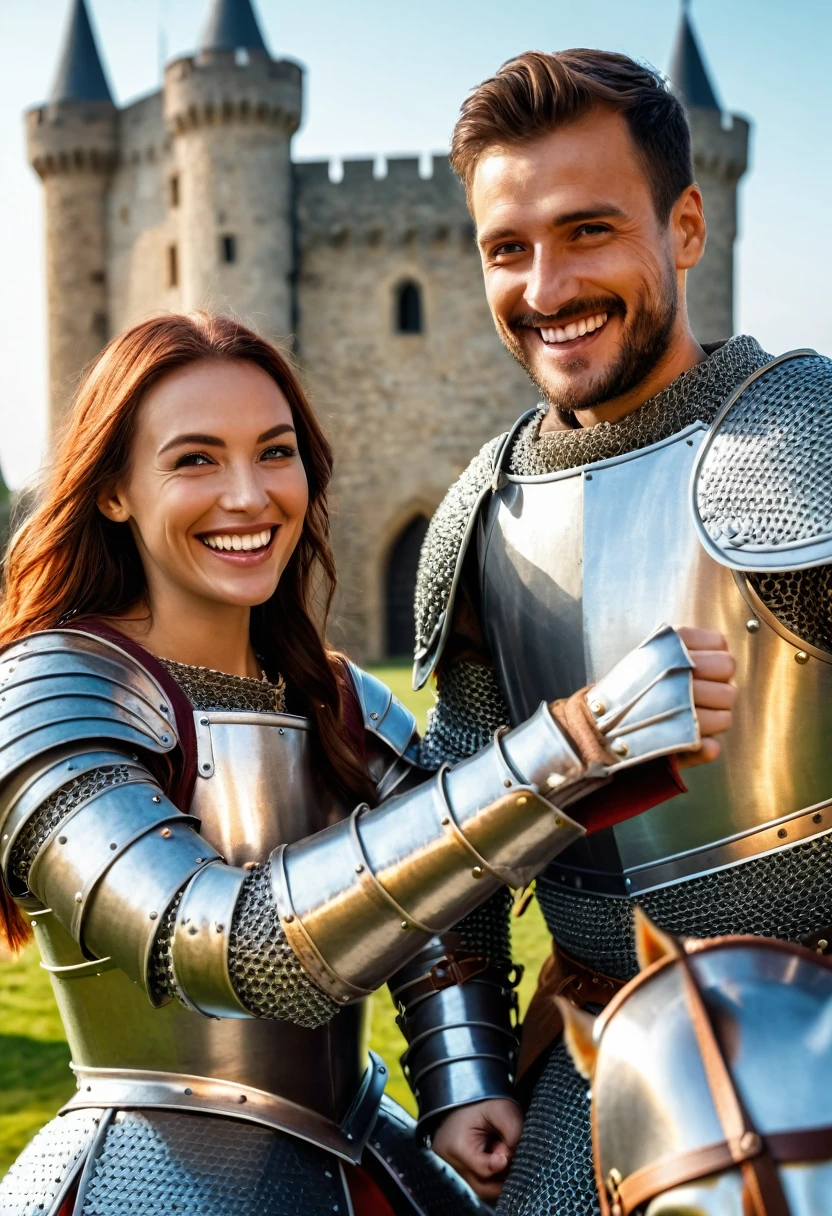 (((Medium shot))), couple, (a man and a woman), two individuals, outside the castle, jousting, playful, playful, sweet, happy, smile, armor, chain mail, armor, happy, pretty eyes, playful, surrealism, pov, romanticism, cinematic lighting, 8K, UHD, masterpiece, ccurate, anatomically correct, textured skin, high detail, high quality, high resolution, award-winning, best quality, 16K, bad body, bad hands, bad legs.