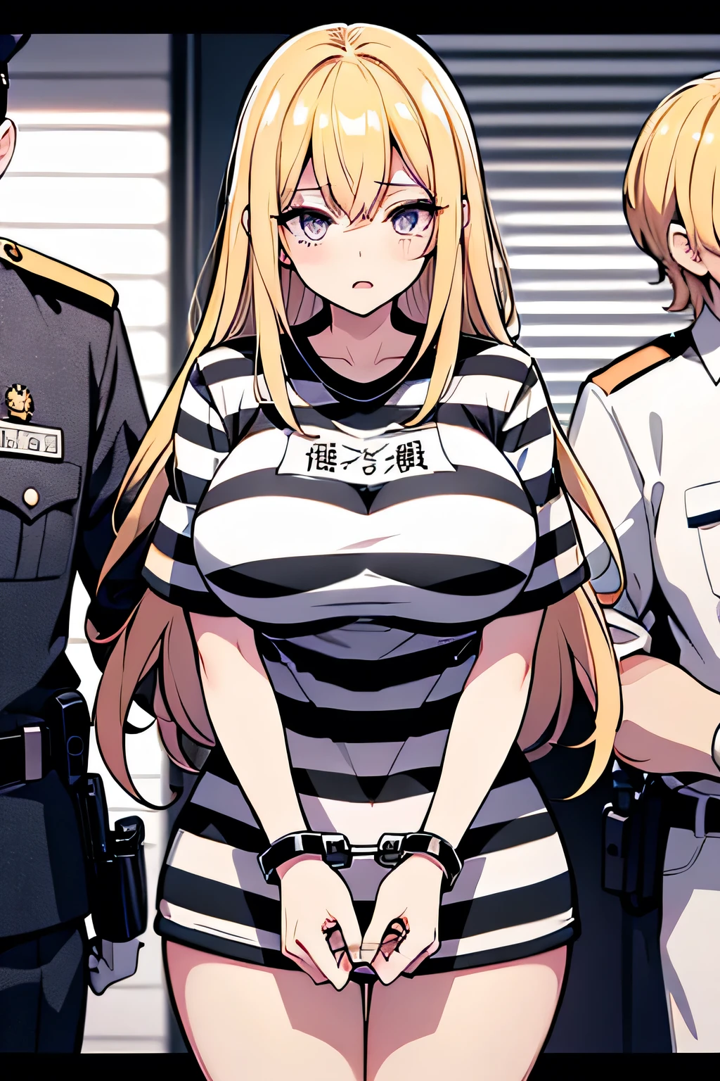 Long blonde hair, handcuffed, arrested, mature female, milf, big breasts ,40 years old, pon prison uniform, prisoner, black and white stripe prison uniform, waifu material, mature