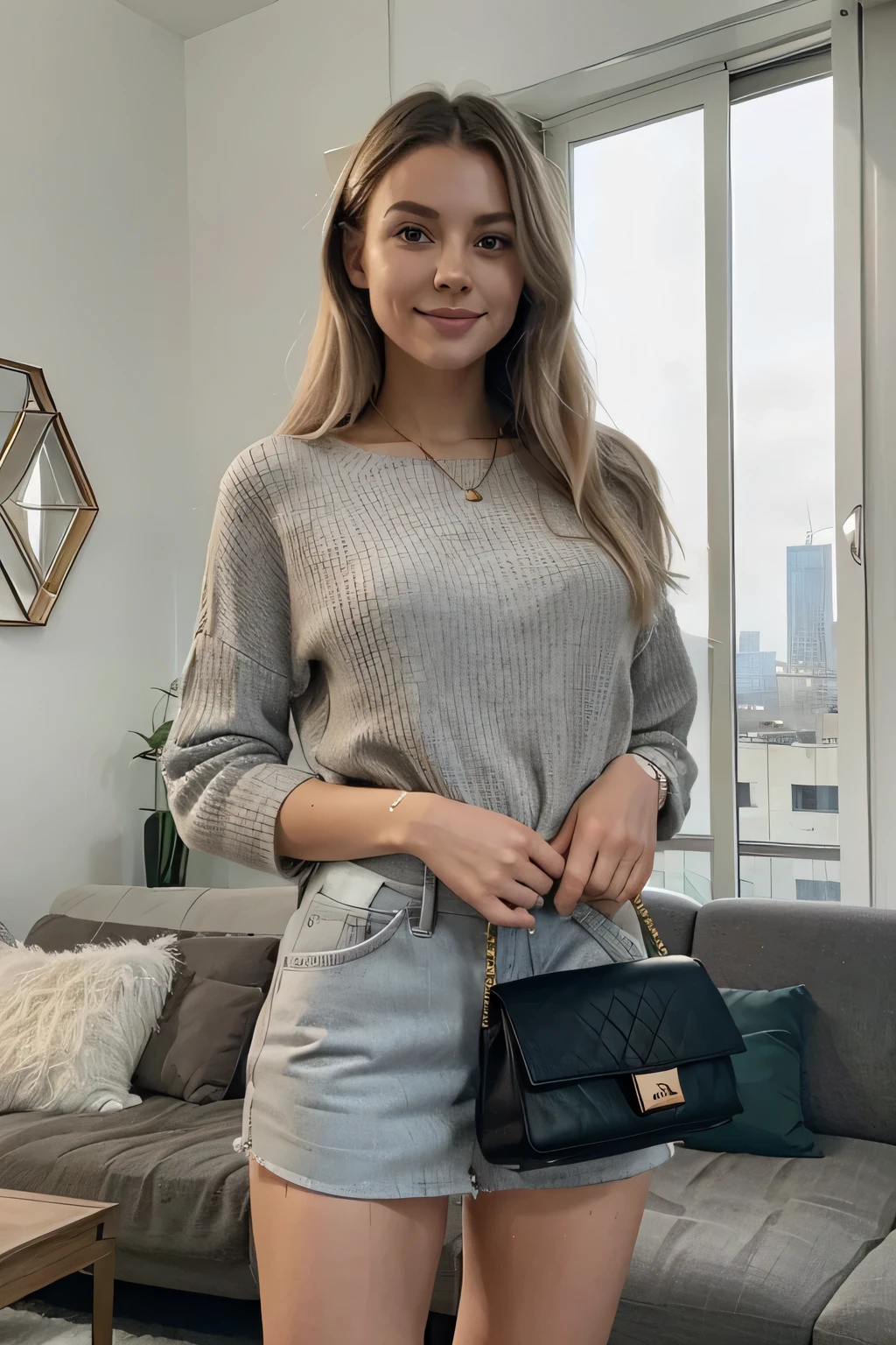 Blonde influencer with long, slightly wavy hair, portant un pull en cachemire gris doux et un jean skinny bleu foncé, showcasing its sleek silhouette. She is holding a luxury black leather handbag with gold details, le sac étant porté avec grâce et ajoutant une touche de sophistication à son look. She poses standing in front of a large panoramic window with a spectacular city view in the background, where skyscrapers and modern buildings stand out under a clear sky.
The natural light of the day illuminates her smiling face, highlighting her fine features and radiant complexion. La décoration autour d’elle est minimaliste et chic, avec des meubles modernes aux lignes épurées. Une table basse en verre et métal chromé, a light gray fabric sofa, and a few cushions in neutral tones complete the interior. Des plantes vertes en , telles que des fougères et des succulentes, add a touch of freshness and life to the space.
Des éléments de décoration subtils comme des cadres photo noirs et blancs et des bougies élégantes sont disposés sur des étagères murales, contribuant à une ambiance raffinée et apaisante. L’ensemble de la scène dégage une atmosphère de modernité et d’élégance, reflétant le style impeccable de l’influenceuse et l’esthétique sophistiquée de son environnement.