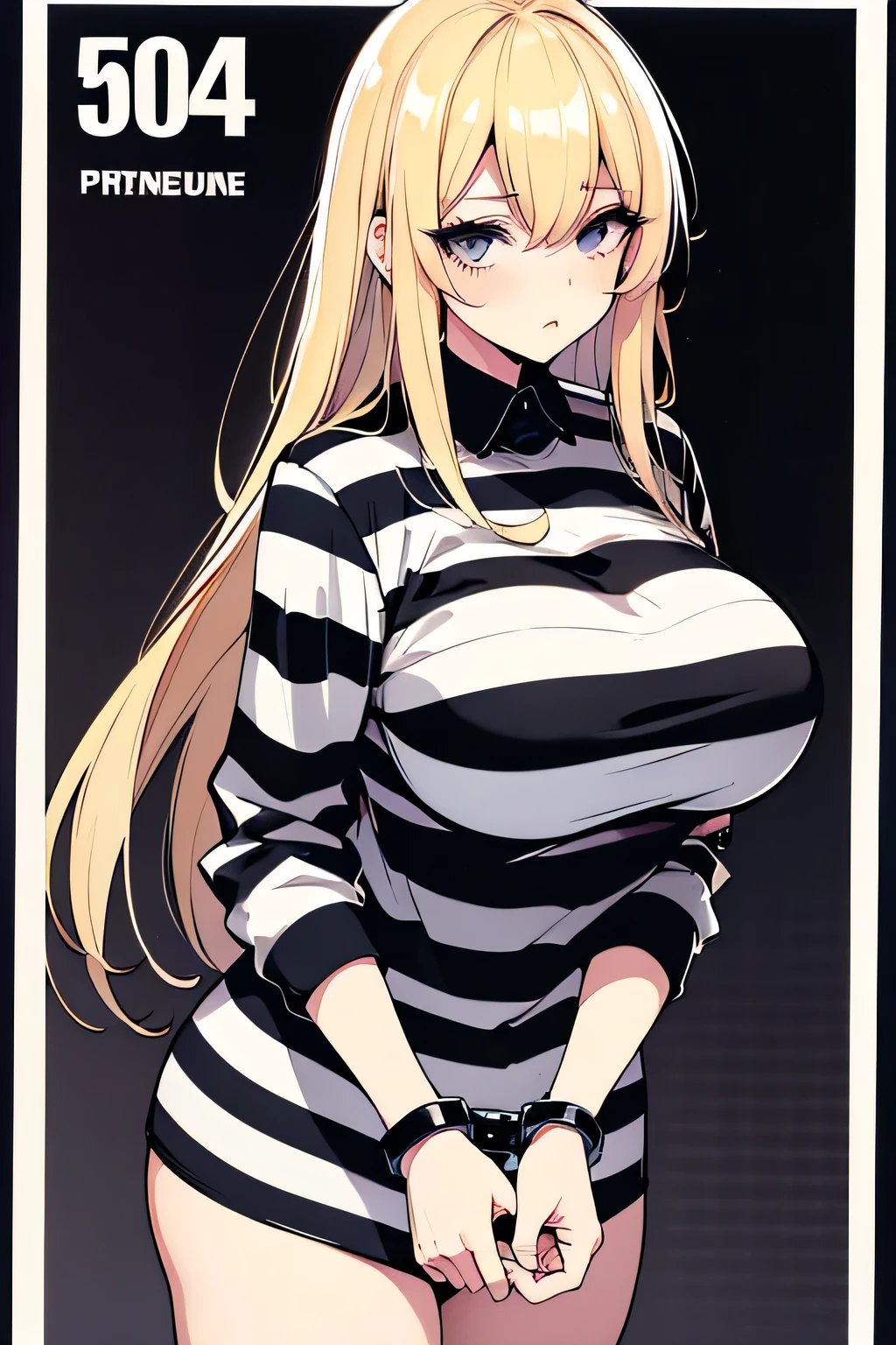 Long blonde hair, handcuffed, arrested, mature female, milf, big breasts ,40 years old, pon prison uniform, prisoner, black and white stripe prison uniform, waifu material, mature