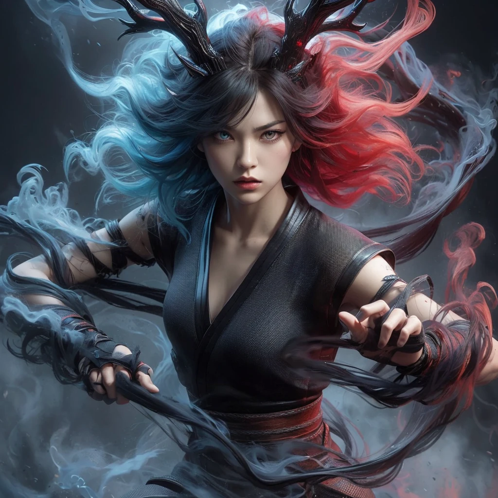 In the image, a captivatingly fierce martial artist stands in an action pose, her entire body enveloped in swirling black mist. Her hairs made of striking red and blue flame dances around her head, contrasting with her heterochromatic eyes - one red, one blue. Antlers formed from the same mist adorn her head, adding to her mystique. The high-quality painting beautifully captures the intensity and power of this unique character, immersing viewers in a world of strength and mystery.