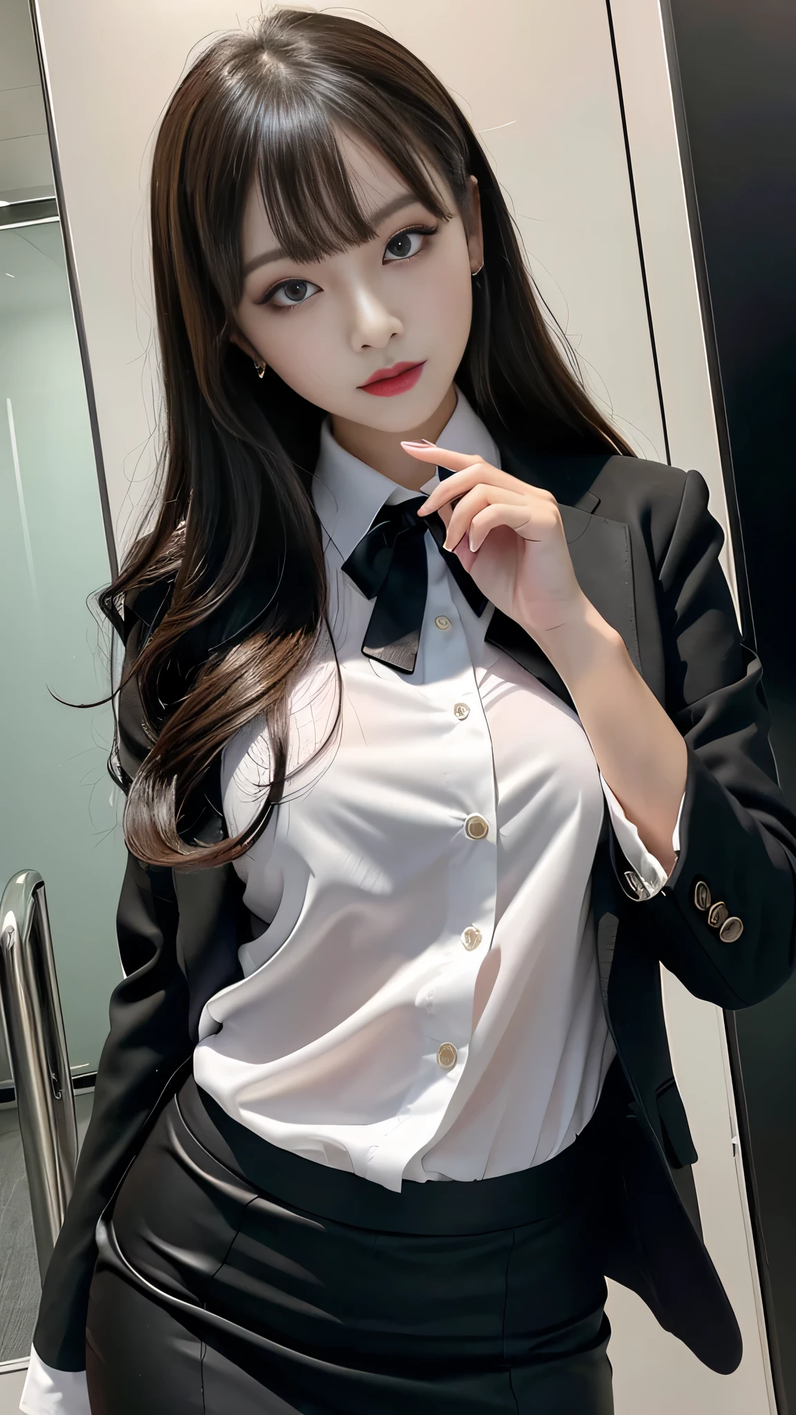 best quality、ultra-detailed、4k、Japanese、Seductive beauty、seductive adult woman、Pretty Woman、cool girl、Villainess、Brainwashed、brainwash、Fallen into evil、smirk、Evil look、Wicked Smile、evil、Brown hair、wavy hair、swept bangs、dark makeup、dark makeup、piercing eyes、hollow eyes,half-closed eyes、Hollow Eyes、purple Eyeshadow、black lipstick、black lipglos、office staff suit、suit、Jacket、White Shirt、Black Ribbon、Tight Skirt、pantyhose、night、inside darkroom、Applying lipstick、Emblem of Evil、Crest of Darkness、Swear allegiance、I have pledged my allegiance、Dye black、Blackening、Stained with evil、Dyed in darkness、Seduce