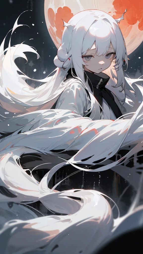 (masterpiece、highest quality)、Very long white hair、Very long white hairの女の1人、Black cardigan、Grim expression、Grey Eyes、Warm lighting、 Blurred foreground、Deep in the night、High Contrast、night,snowing,Heavy snowfall,winter,Alone in the vast snowy field,whole body,curse,Facing forward,Huge construction,Flying with robot wings,Long Hair,Pitch black night,shining yellow full moon,universe,Princess Kaguya,planet,red
