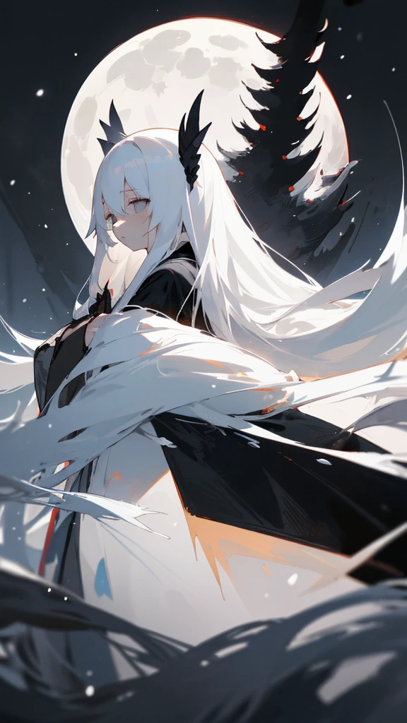 (masterpiece、highest quality)、Very long white hair、Very long white hairの女の1人、Black cardigan、Grim expression、Grey Eyes、Warm lighting、 Blurred foreground、Deep in the night、High Contrast、night,snowing,Heavy snowfall,winter,Alone in the vast snowy field,whole body,curse,Facing forward,Huge construction,Flying with robot wings,Long Hair,Pitch black night,shining yellow full moon,universe,Princess Kaguya,planet,red