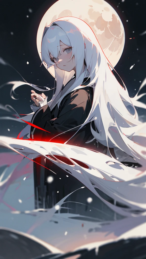 (masterpiece、highest quality)、Very long white hair、Very long white hairの女の1人、Black cardigan、Grim expression、Grey Eyes、Warm lighting、 Blurred foreground、Deep in the night、High Contrast、night,snowing,Heavy snowfall,winter,Alone in the vast snowy field,whole body,curse,Facing forward,Huge construction,Flying with robot wings,Long Hair,Pitch black night,shining yellow full moon,universe,Princess Kaguya,planet,red