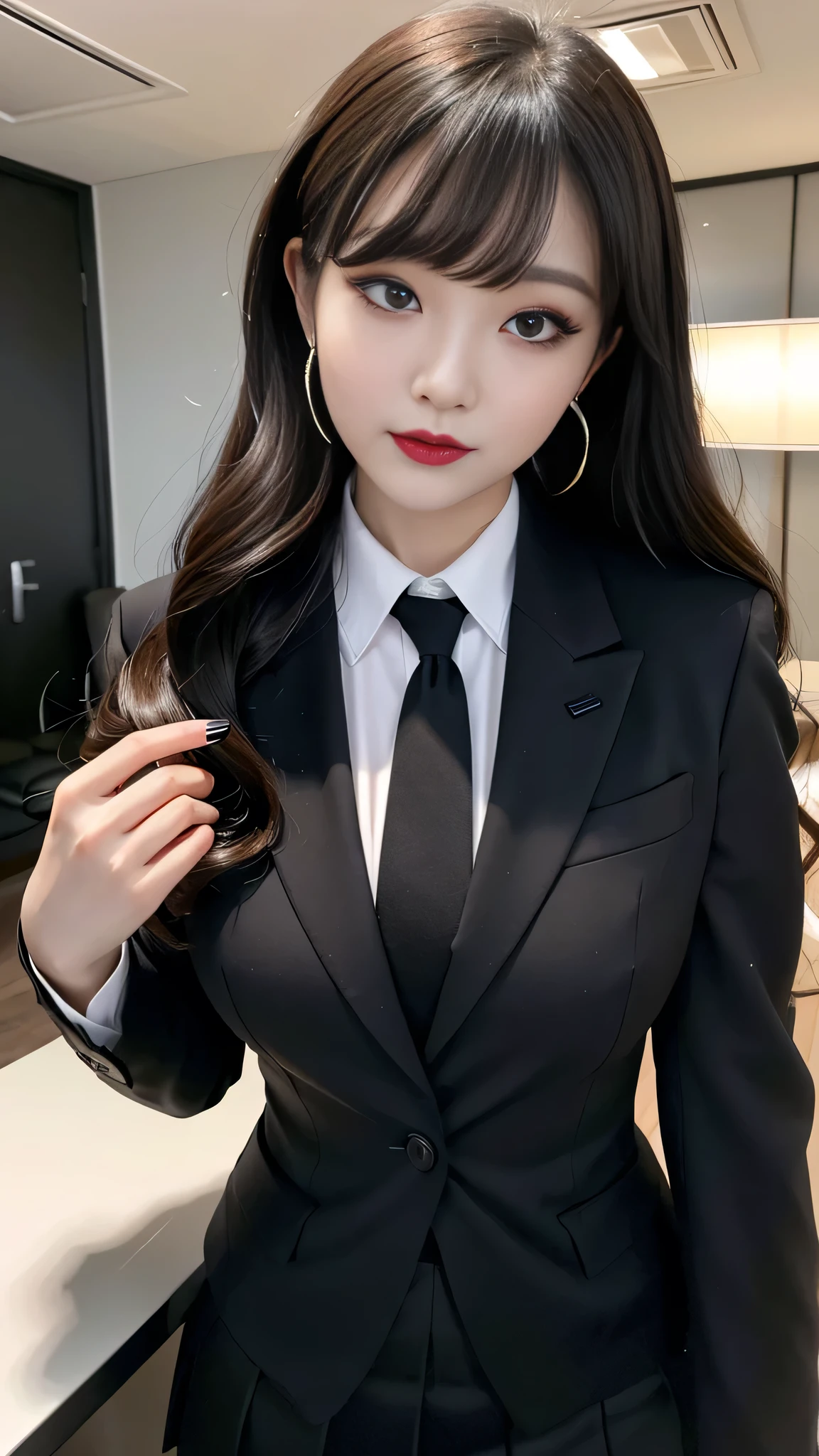 best quality、ultra-detailed、4k、Japanese、Seductive beauty、seductive adult woman、Pretty Woman、cool girl、Villainess、Brainwashed、brainwash、Fallen into evil、smirk、Evil look、Wicked Smile、evil、Brown hair、wavy hair、swept bangs、dark makeup、dark makeup、piercing eyes、hollow eyes,half-closed eyes、Hollow Eyes、purple Eyeshadow、black lipstick、black lipglos、office staff suit、suit、Jacket、White Shirt、Black Ribbon、Tight Skirt、pantyhose、night、inside darkroom、Applying lipstick、Emblem of Evil、Crest of Darkness、Swear allegiance、I have pledged my allegiance、Dye black、Blackening、Stained with evil、Dyed in darkness、Seduce