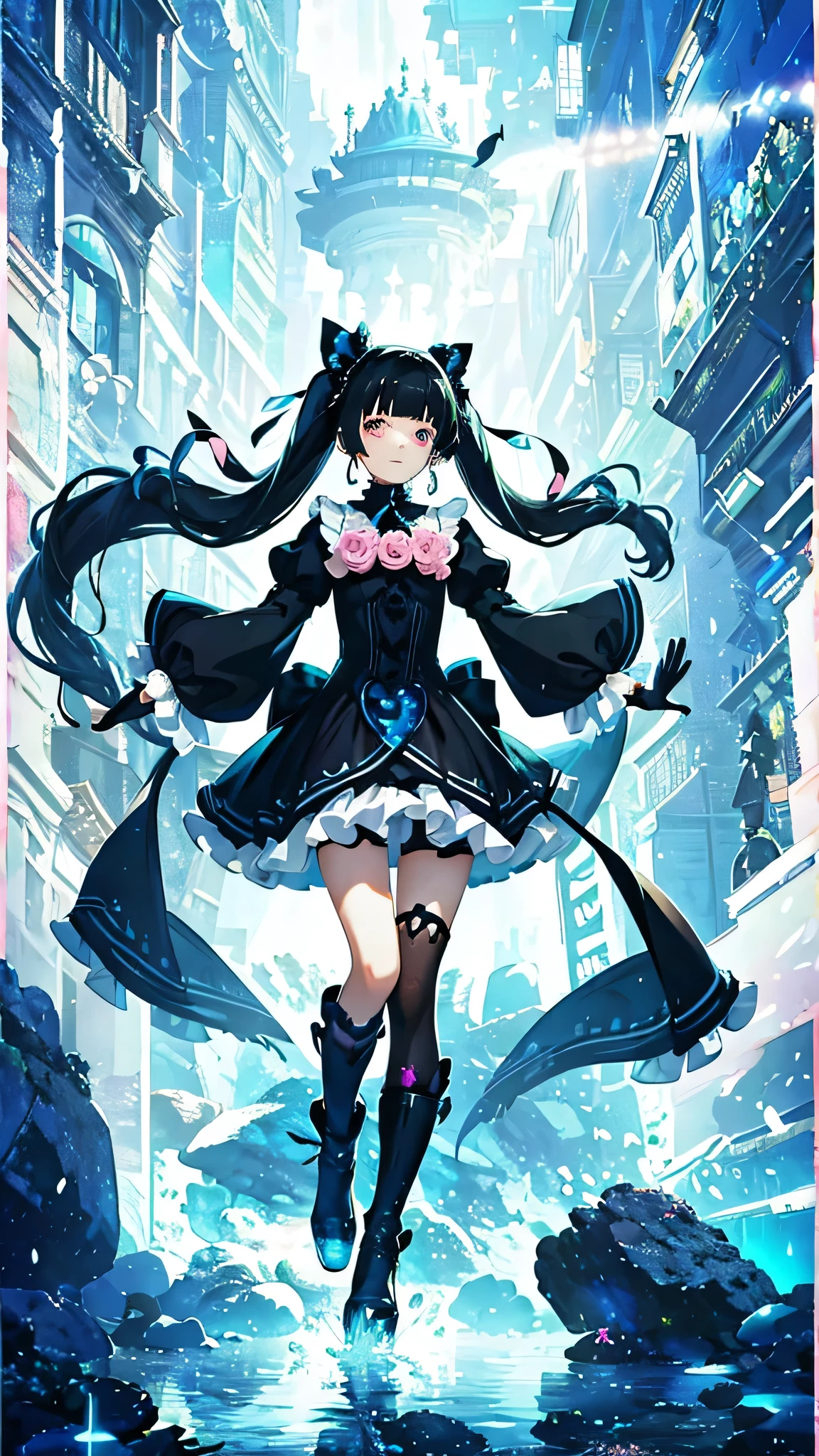 under the sea, woman, sad, tearful, floating, looking up, long hair, very long hair, hime cut, blunt bangs, black hair, pink eyes, slender,( gothic ta), long sleeves, blouse, frilled clothing, hair ribbon, earrings, gloves, knee socks, boots, ribbon, nail polish, makeup, water drop, bubble, tears, teardrop, underwater, many jewelrys,many corals, best quality, full body, dynamic angle,(cool style 1.2),(beautiful style 1.2),