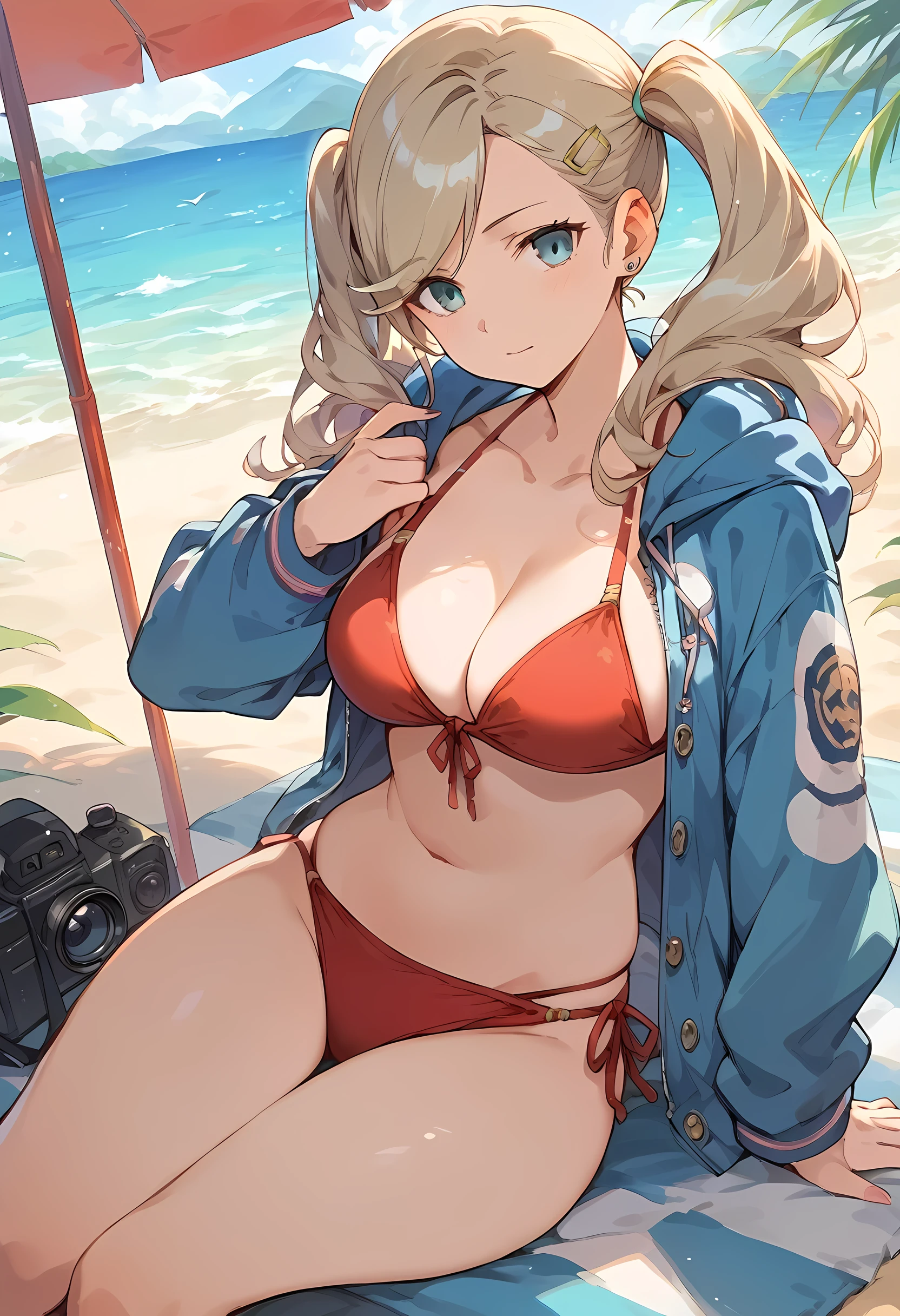 score_9, score_8_up, score_7_up, source_anime,
1girl, takamaki ann, wearing school wear, a jacket with hoodie, red bikini, sitting on beach looking at camera, (masterpiece), cinematic, beautiful light, best quality, newest, safe, absurdres