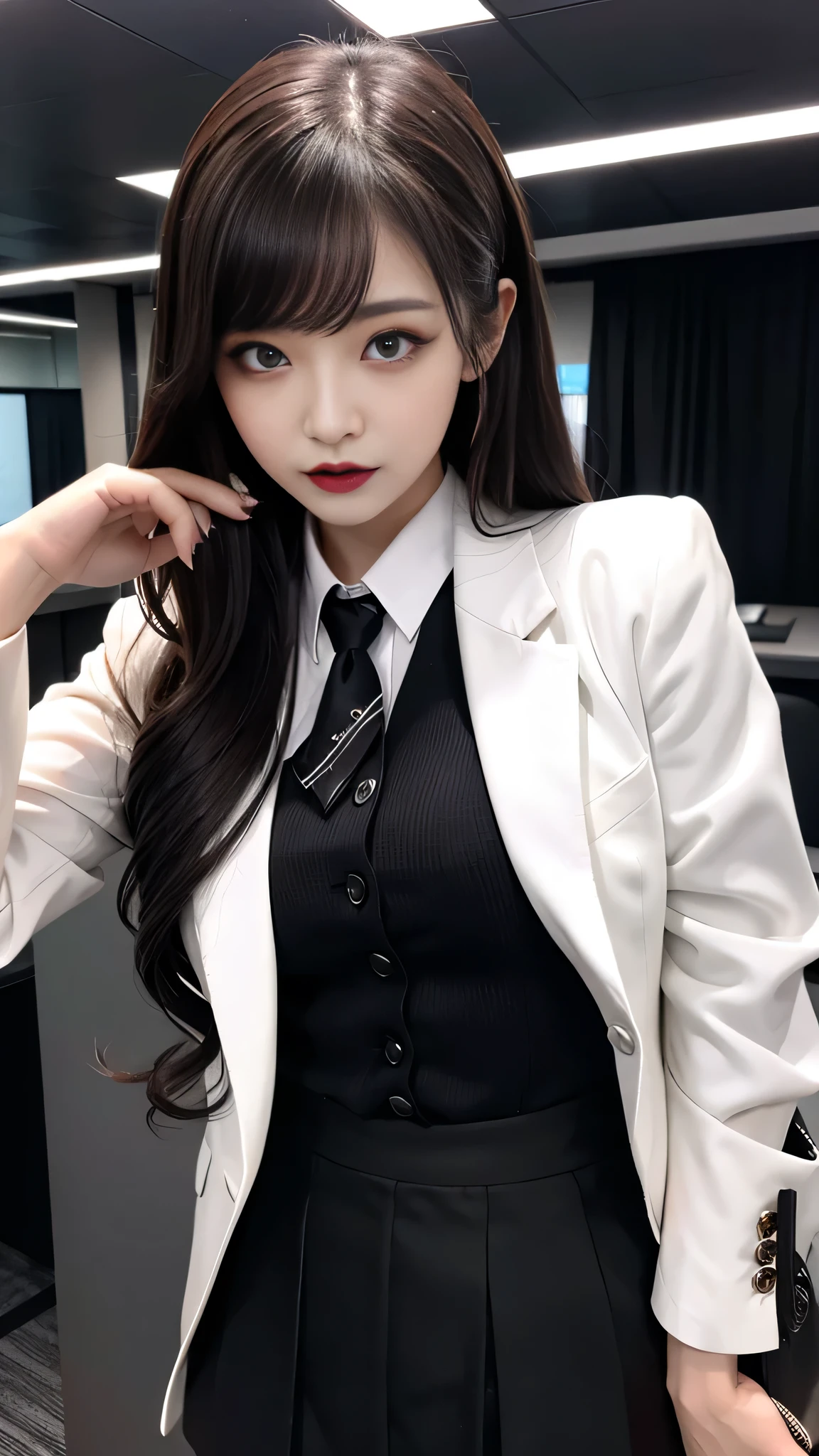 best quality、ultra-detailed、4k、Japanese、Seductive beauty、seductive adult woman、Pretty Woman、cool girl、Villainess、Brainwashed、brainwash、Fallen into evil、smirk、Evil look、Wicked Smile、evil、Brown hair、wavy hair、swept bangs、dark makeup、dark makeup、piercing eyes、hollow eyes,half-closed eyes、Hollow Eyes、purple Eyeshadow、black lipstick、black lipglos、office staff suit、suit、Jacket、White Shirt、Black Ribbon、Tight Skirt、pantyhose、night、inside darkroom、Applying lipstick、Emblem of Evil、Crest of Darkness、Swear allegiance、I have pledged my allegiance、Dye black、Blackening、Stained with evil、Dyed in darkness、Seduce