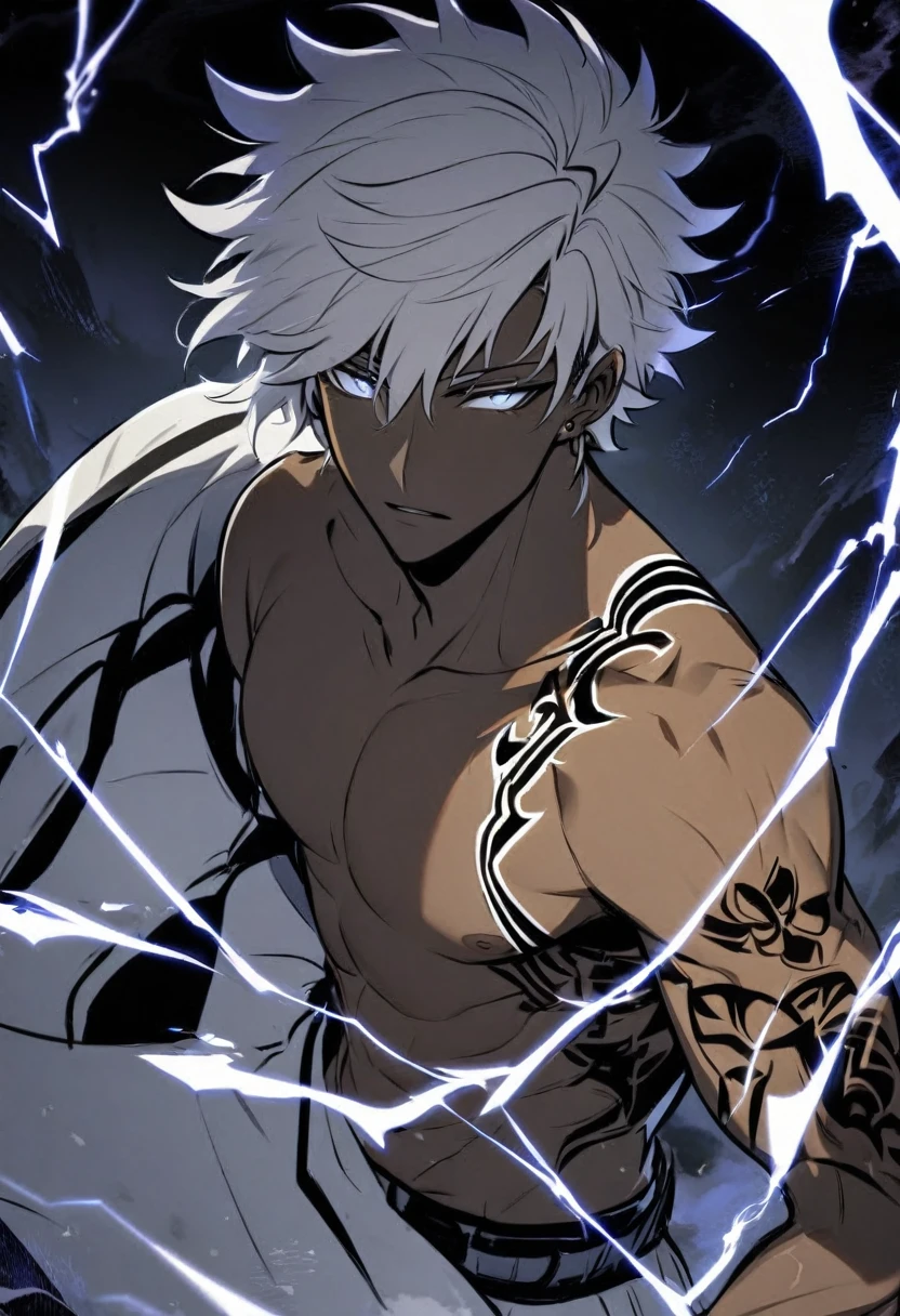 (((Realy Dark skin))),Handsome, african man, solo, male, white short hair, hair covers left eye, silver eyes, shirtless, tattoed arms, black pant, black and white coat, blue lightning