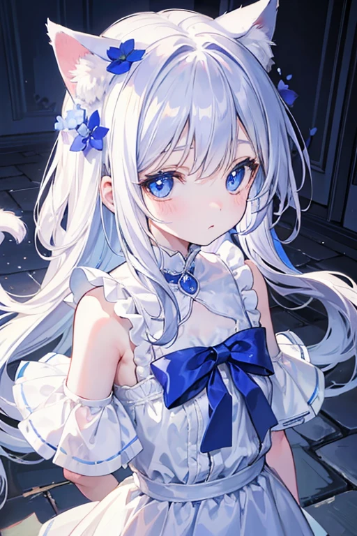 toddler girl, walking Cobblestone Street, Blue eyes, big eyes,droopy eyes, With blue flower corsage ,Slender body, upper body, White long hair, cat ears, cat tael