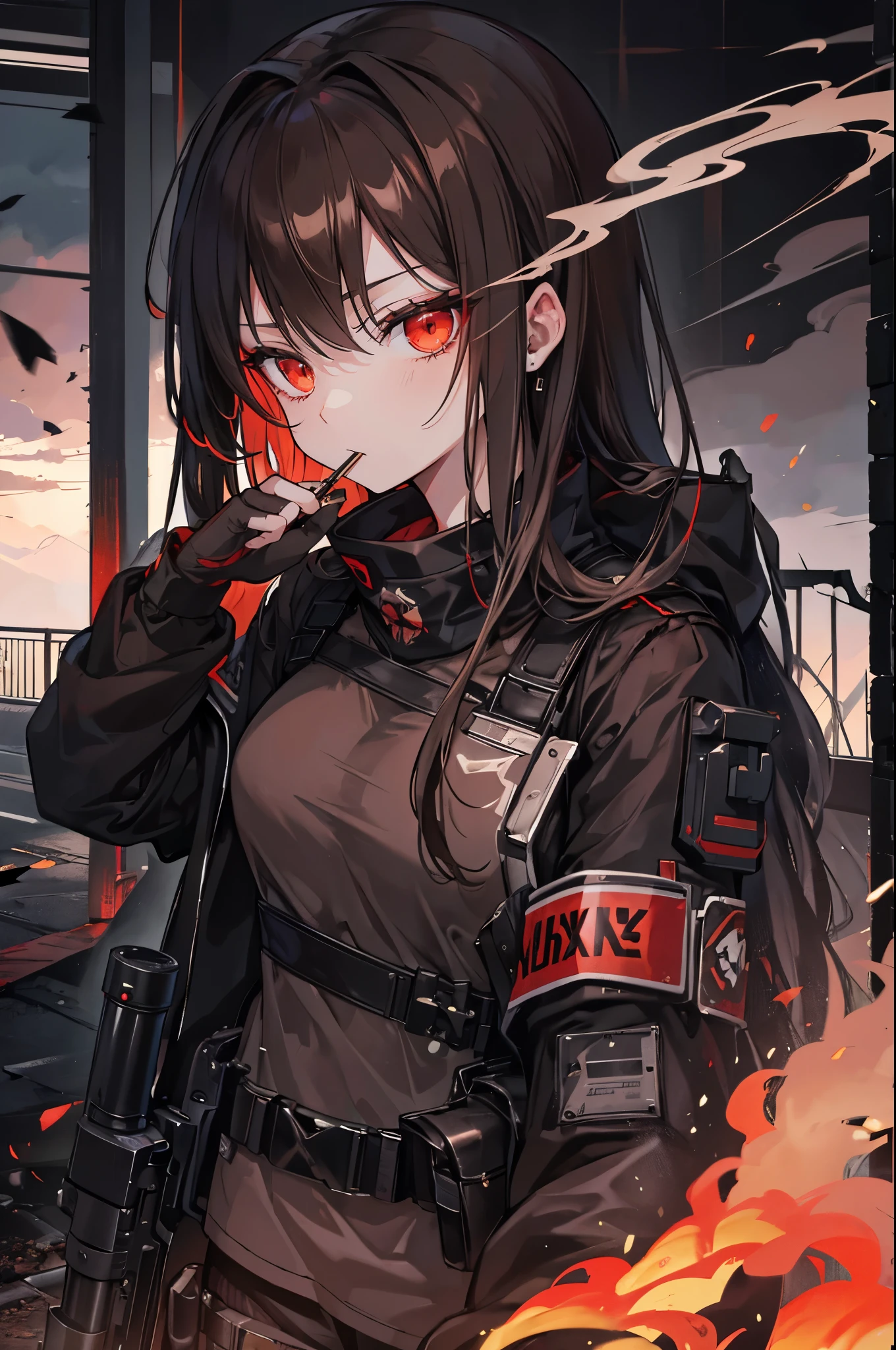 (Highest Quality), Anime girl, military gear, smoking blunt, gun, semi-automatic gun, night, abandoned warehouse, ballistic armor, drugs, white smoke, smoke, dark smoke, glaring, looking at viewer, album cover, glowing eyes, post-modernism, eye-height, black and brown theme, very dark theme, edgy, moody, weed, marijuana, blunt, red eyes, poster, lots of smoke, blunt in mouth, brown rolling paper, big blunt