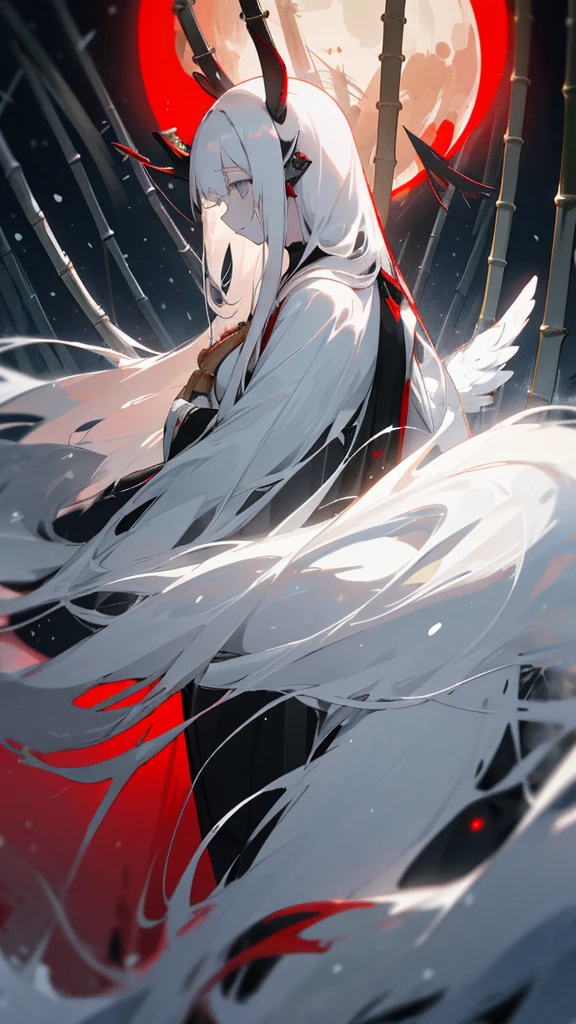 (masterpiece、highest quality)、Very long white hair、Very long white hairの女の1人、Black cardigan、Grim expression、Grey Eyes、Warm lighting、 Blurred foreground、Deep in the night、High Contrast、night,snowing,Heavy snowfall,winter,Alone in the vast snowy field,whole body,curse,Facing forward,Huge construction,Flying with robot wings,Long Hair,Pitch black night,shining yellow full moon,universe,Princess Kaguya,planet,red,Bamboo grove