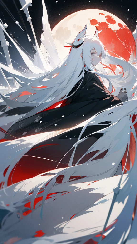 (masterpiece、highest quality)、Very long white hair、Very long white hairの女の1人、Black cardigan、Grim expression、Grey Eyes、Warm lighting、 Blurred foreground、Deep in the night、High Contrast、night,snowing,Heavy snowfall,winter,Alone in the vast snowy field,whole body,curse,Facing forward,Huge construction,Flying with robot wings,Long Hair,Pitch black night,shining yellow full moon,universe,Princess Kaguya,planet,red,Bamboo grove