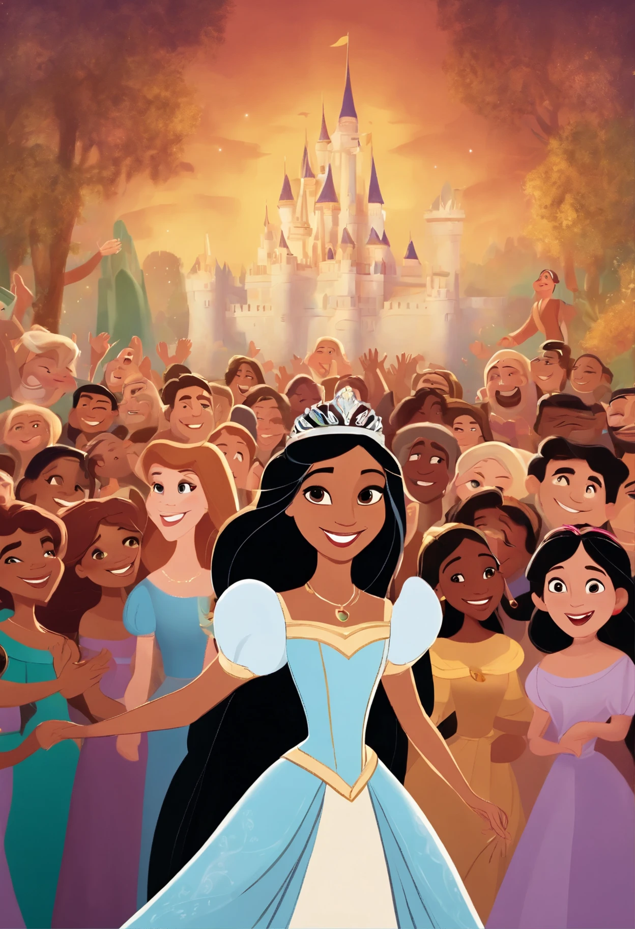 White princess character disney pixar teenager straight black hair brown eyes smiling happy oval face with several people behind with hand raised smiling