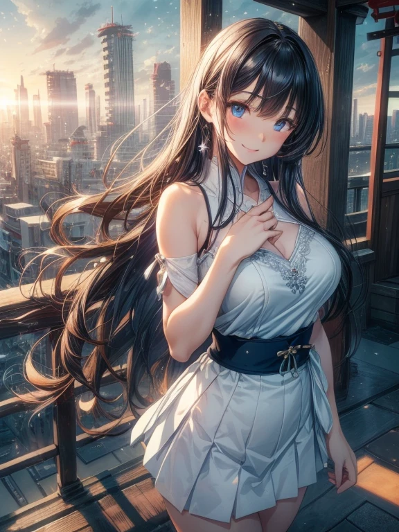 masterpiece, Sharp focus, (beautiful, Gorgeous and cute Japanese women:1.3), The Beauty of Japan, Delicate and beautiful hair, Eyes and Face, Delicate and beautiful fingers and hands,Realistic, Very detailed, beautiful girl, blue sky, Glowing White Particles, (Side light:1.2), Light of the sun, White cloud, Detailed Clouds, thin, Very big breasts and very big hips, smile, ((Smile with your eyes, Open both eyes)), scenery, Straight Long Hair, sexy look, building, (Cityscape:1.7), Dynamic Hair, Straight Long Hair, Brown hair detail, Blue eyes glow, ( Camisole and white mini skirt),, Pale skin,, epic scenery,