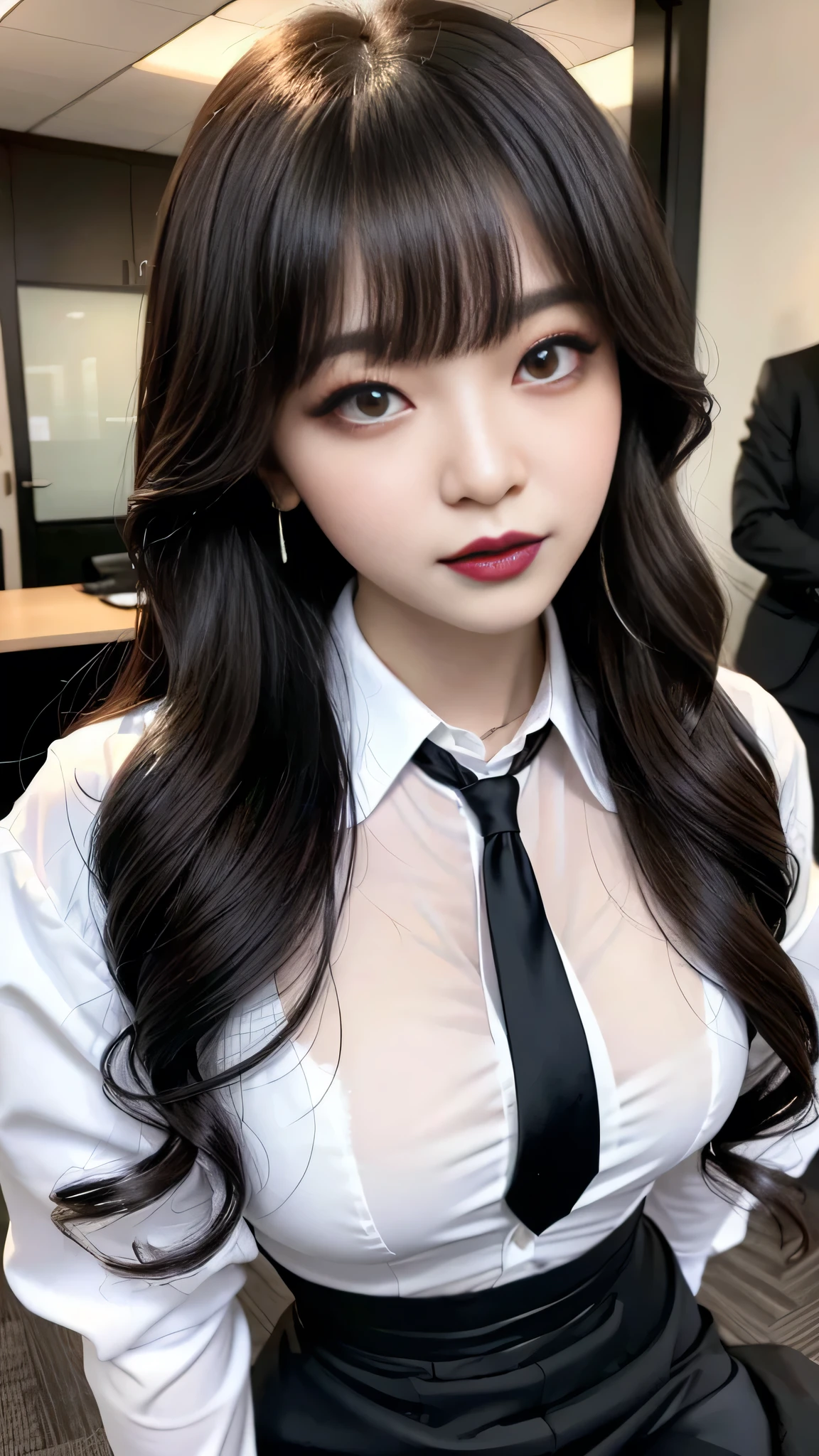 best quality、ultra-detailed、4k、Japanese、Seductive beauty、seductive adult woman、Pretty Woman、cool girl、Villainess、Brainwashed、brainwash、Fallen into evil、smirk、Evil look、Wicked Smile、evil、Brown hair、wavy hair、swept bangs、dark makeup、dark makeup、piercing eyes、hollow eyes,half-closed eyes、Hollow Eyes、purple Eyeshadow、black lipstick、black lipglos、office staff suit、suit、Jacket、White Shirt、Black Ribbon、Tight Skirt、pantyhose、night、inside darkroom、Have lipstick、Emblem of Evil、Crest of Darkness、Swear allegiance、I have pledged my allegiance、Dye black、Blackening、Stained with evil、Dyed in darkness、Seduce