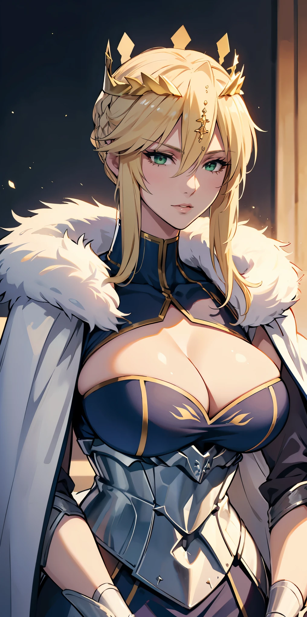 Artoria Lancer, mature woman, elegant, blonde hair, green eyes, casual clothes, crown, white cape, fur trim, portrait, upper body, curvaceous, 4k resolution, high quality