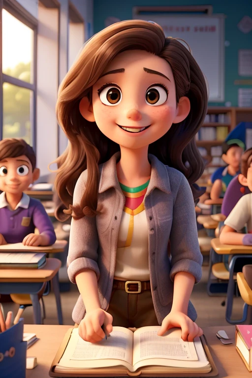 a young Caucasian girl, wavy brown, long hair, as she distributes numerous books to her classmates with the assistance of teachers. The setting should radiate enthusiasm and gratitude, with students eagerly receiving the books and expressing joy through smiles and animated conversations. Showcase the girl's determination and generosity as she shares her love for learning with her peers, fostering a sense of camaraderie and intellectual curiosity within the classroom. Depict the teachers' supportive presence, symbolizing the collective effort to enrich the educational experience. Through vibrant details and expressions, convey the transformative impact of kindness and community on both giver and receiver."