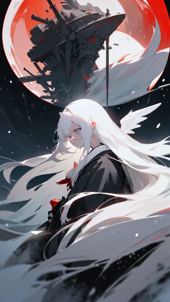(masterpiece、highest quality)、Very long white hair、Very long white hairの女の1人、Black cardigan、Grim expression、Grey Eyes、Warm lighting、 Blurred foreground、Deep in the night、High Contrast、night,snowing,Heavy snowfall,winter,Alone in the vast snowy field,whole body,curse,Facing forward,Huge construction,Flying with robot wings,Long Hair,Pitch black night,shining yellow full moon,universe,Princess Kaguya,planet,red,universe