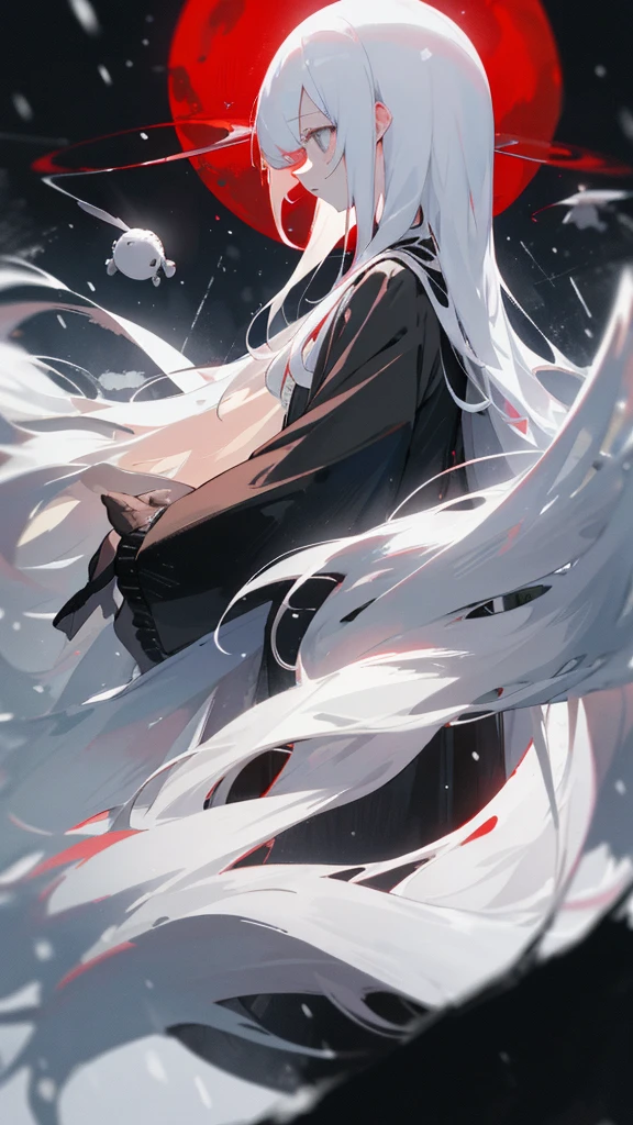(masterpiece、highest quality)、Very long white hair、Very long white hairの女の1人、Black cardigan、Grim expression、Grey Eyes、Warm lighting、 Blurred foreground、Deep in the night、High Contrast、night,snowing,Heavy snowfall,winter,Alone in the vast snowy field,whole body,curse,Facing forward,Huge construction,Flying with robot wings,Long Hair,Pitch black night,shining yellow full moon,universe,Princess Kaguya,planet,red,universe