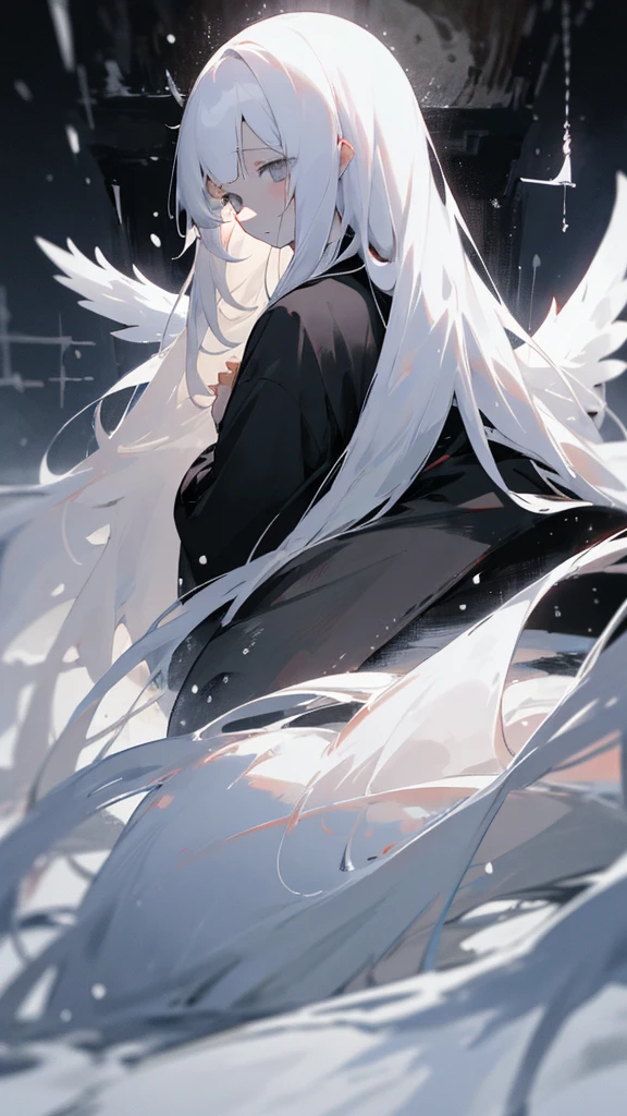 (masterpiece、highest quality)、Very long white hair、Very long white hairの女の1人、Black cardigan、Grim expression、Grey Eyes、Warm lighting、 Blurred foreground、Deep in the night、High Contrast、night,snowing,Heavy snowfall,winter,Alone in the vast snowy field,whole body,curse,Facing forward,Huge construction,Flying with robot wings,Long Hair,Pitch black night,shining yellow full moon,universe,Princess Kaguya,planet,red,universe