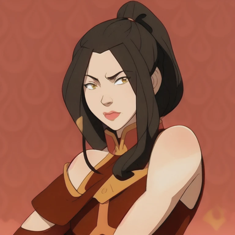 epic realistic, (anime), (illustration), cartoon, detailed, azula, 1girl, solo, black hair, hair ornament, ponytail,  yellow eyes,  lipstick, art by greg rutkowski and artgerm, soft cinematic light, adobe lightroom,highly detailed, (depth of field:1.4), soft light, medium shot, bokeh, (hdr:1.4), high contrast, (artstation:1.4), simple background, (rutkowski:0.66), art [[by jordan grimmer]]