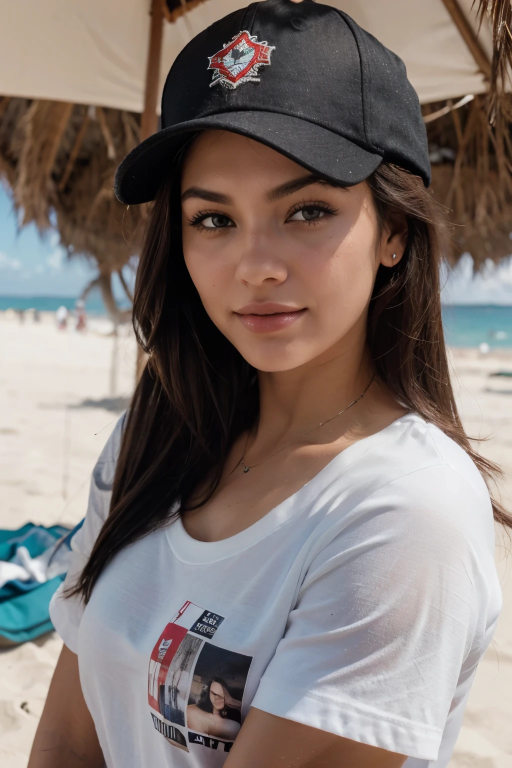 Christen Harper con una hermosa cara madura, cabello recogido, cejas grandes y tatuadas, con senos extra grandes. Mirando directamente al espectador, brunette, Representado de manera realista, wearing a black baseball cap and white t-shirt that complements his hair color, mostrando sus hombros y cuello, voluptuosa, con un bronceado acentuado y joyas elegantes, lipstick staining her lips, nariz definida, sonriendo en la playa de Galapagos