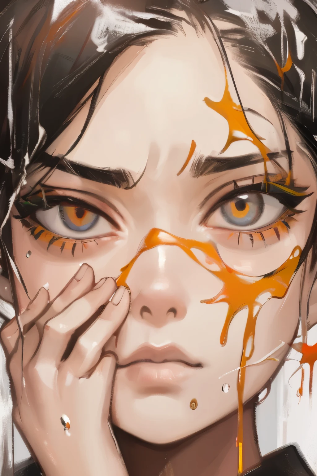 (best quality, oil painting, fancy, sharp focus), Jackson Pollock, portrait Painting, (Splash and drip art minimalism:1.1), canvas white background, studio, style painting magic, splash art, ((white background)), contour, Facial Expression: The subject’s expression is key to the painting’s impact. The slightly furrowed brow, intense gaze, and the hand to the face convey a sense of vulnerability and introspection.