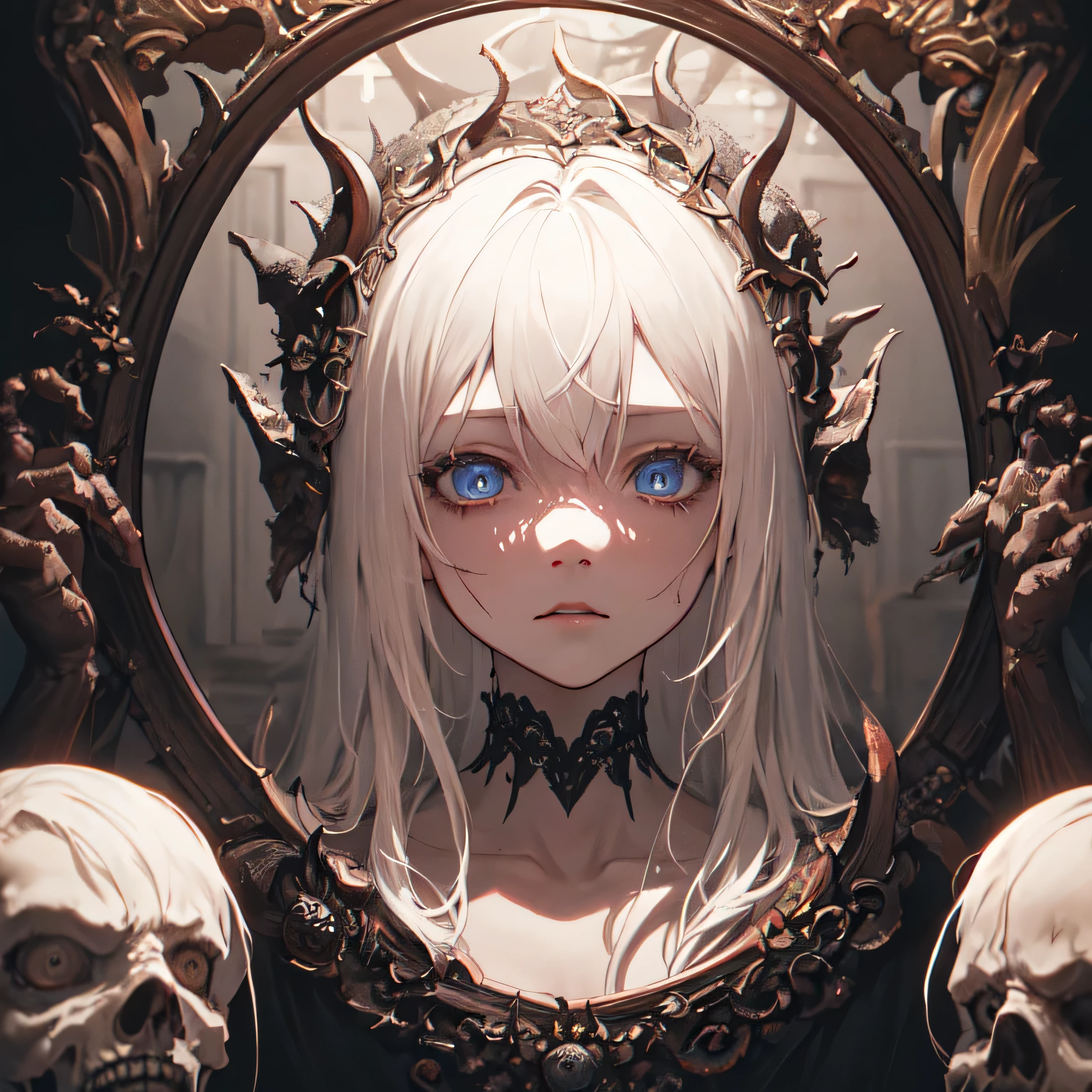 anime poster,intricate details,((masterpiece,best quality:1.2)),((cinematic light)),demon in mirror,scary,horror anime, gloomy atmosphere,detailed background, beautiful detailed eyes