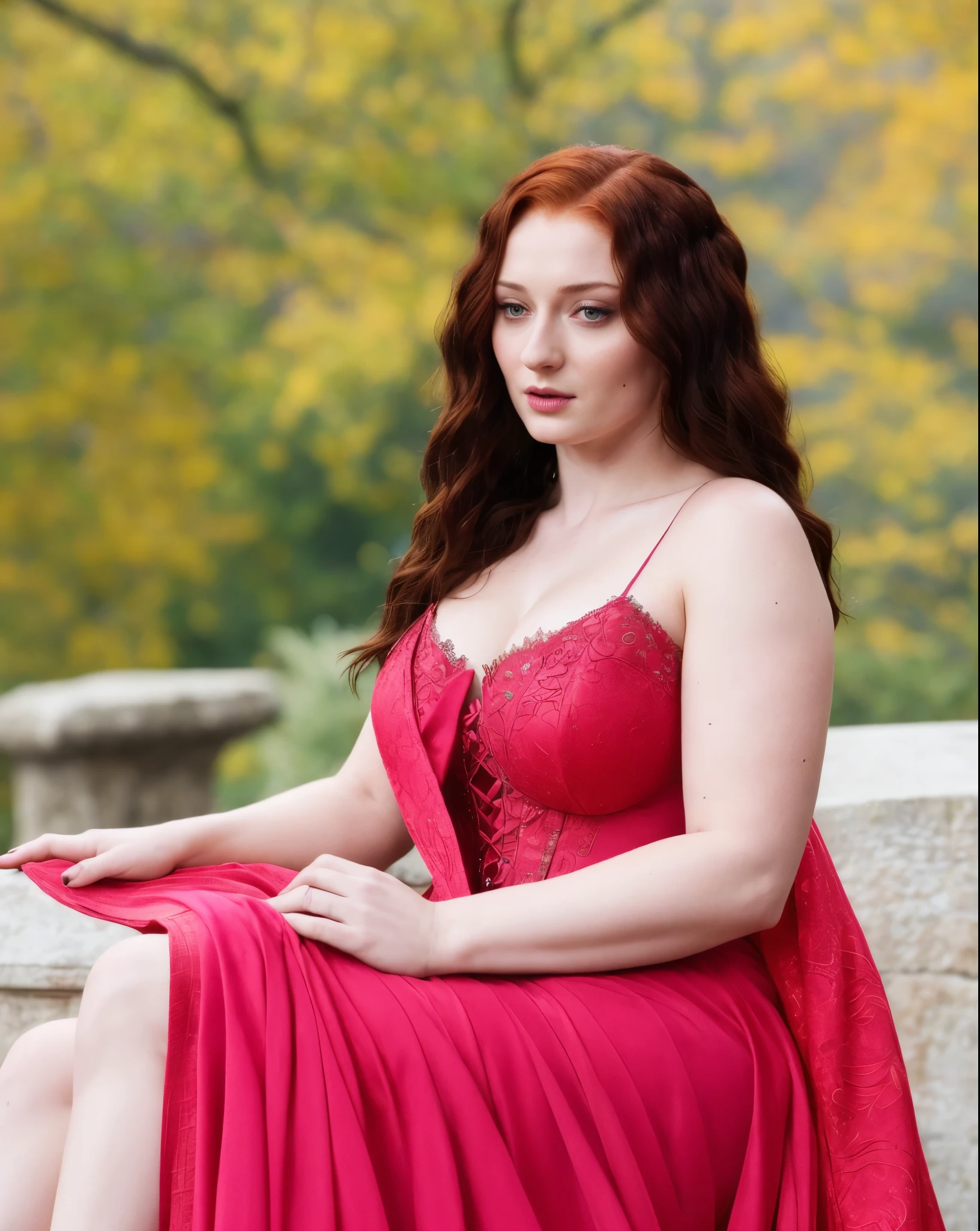 Face of Sophie Turner, Sansa Stark played by Sophie Turner, the de facto Lady of the Eyrie, is a 40-year-old mature queen with a stunning, alluring appearance. Full Face, pierced eyes, reddish lips, upper body shot, erotic Mediaeval costumes, game of thrones costumes, She wears a Game of Thrones-inspired costume and has a deep cleavage, a perfect thick body, and a perfect thick figure. The photograph captures her in a close-up, with her skin texture and facial features being ultra-realistic and realistic. Juicy thick figure, high quality skin, Skin pores, amazing details,