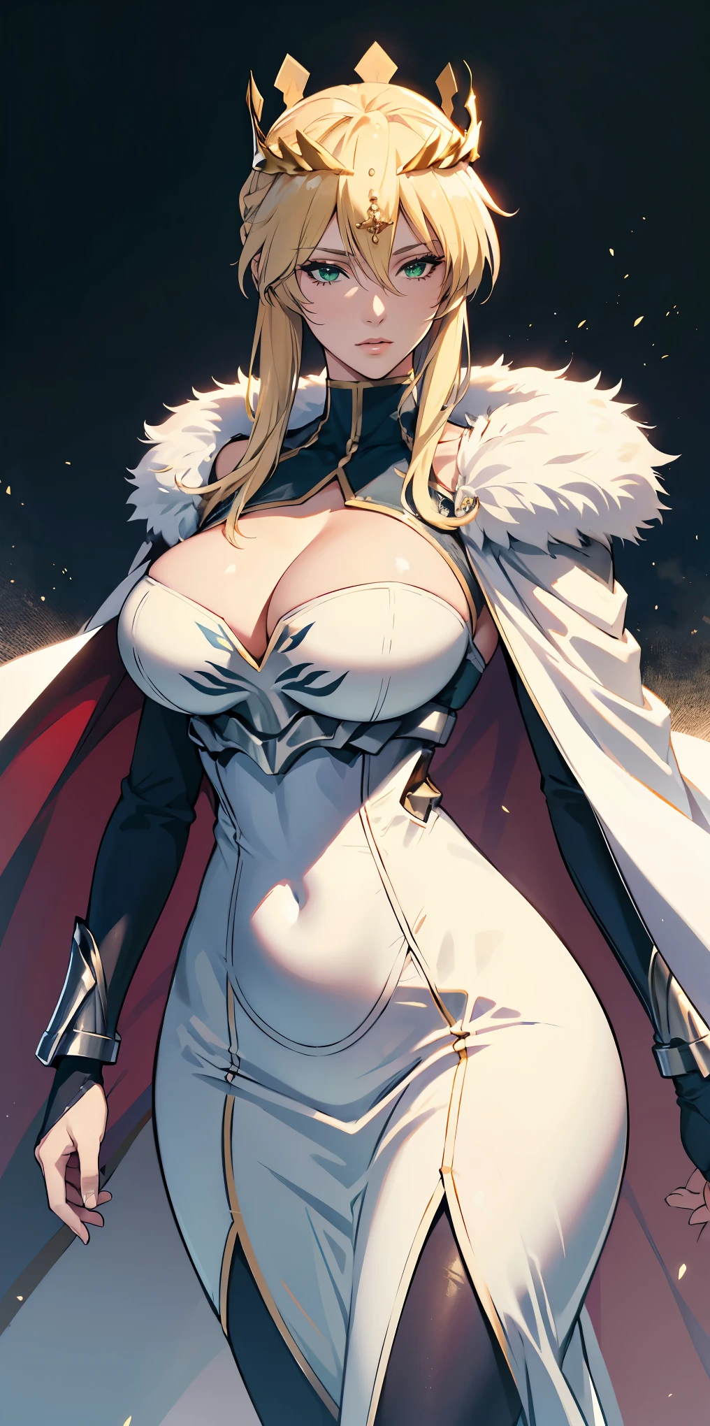 Artoria Lancer, mature woman, elegant, blonde hair, green eyes, casual clothes, crown, white cape, fur trim, portrait, upper body, curvaceous, 4k resolution, high quality