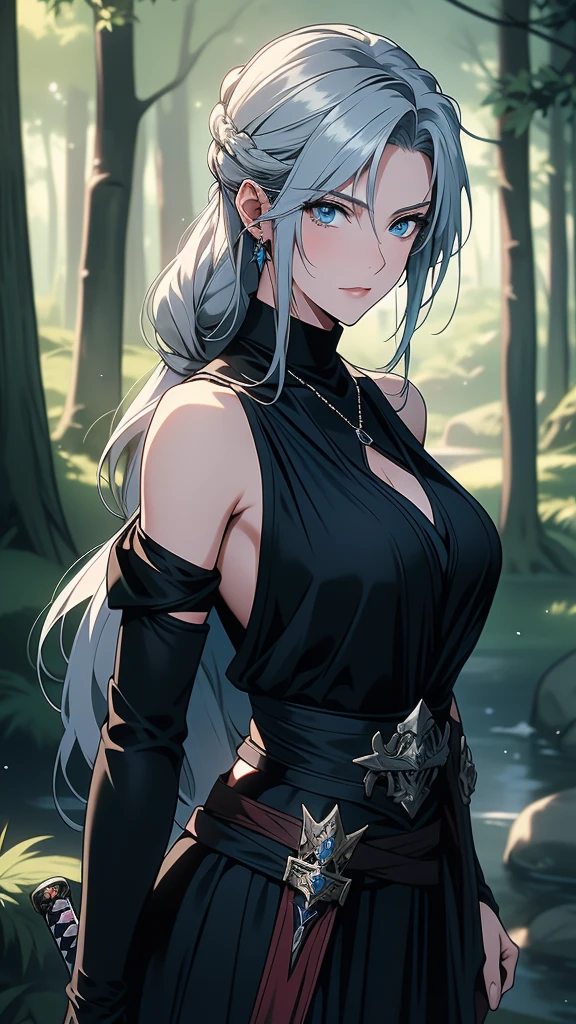 A beautiful 37 year old woman, she is a fantasy anime adventurer, She has silver hair and blue eyes, her hair is tied up. She is wearing black adventurer clothes, she has a sword in a sheath at her waist. She has a mature face and a very sexy expression, she has a very sexy perfect body. The setting is a beautiful forest.