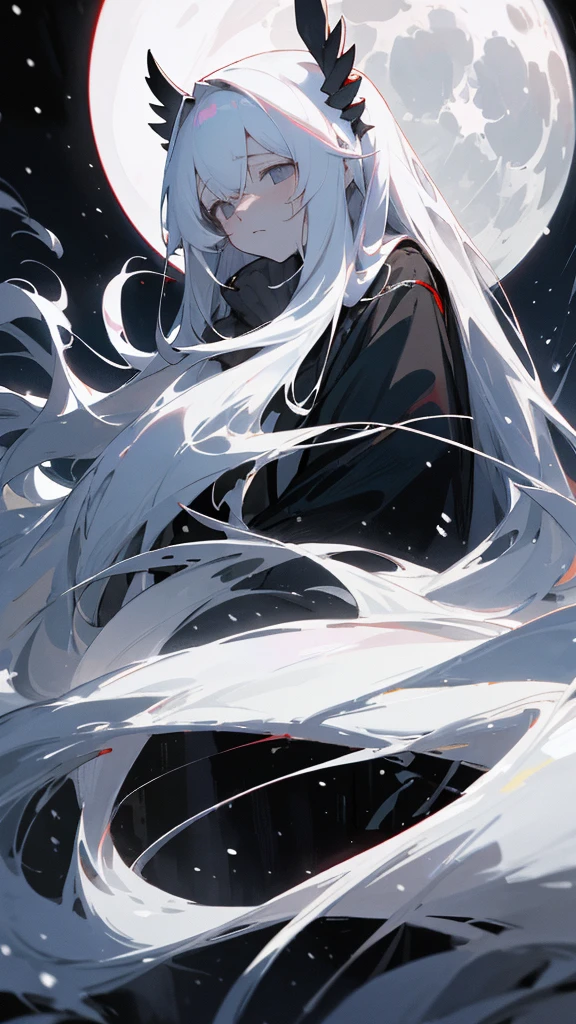 (masterpiece、highest quality)、Very long white hair、Very long white hairの女の1人、Black cardigan、Grim expression、Grey Eyes、Warm lighting、 Blurred foreground、Deep in the night、High Contrast、night,snowing,Heavy snowfall,winter,Alone in the vast snowy field,whole body,curse,Facing forward,Huge construction,Flying with robot wings,Long Hair,Pitch black night,shining yellow full moon,universe,Princess Kaguya,planet,red,Three thousand worlds