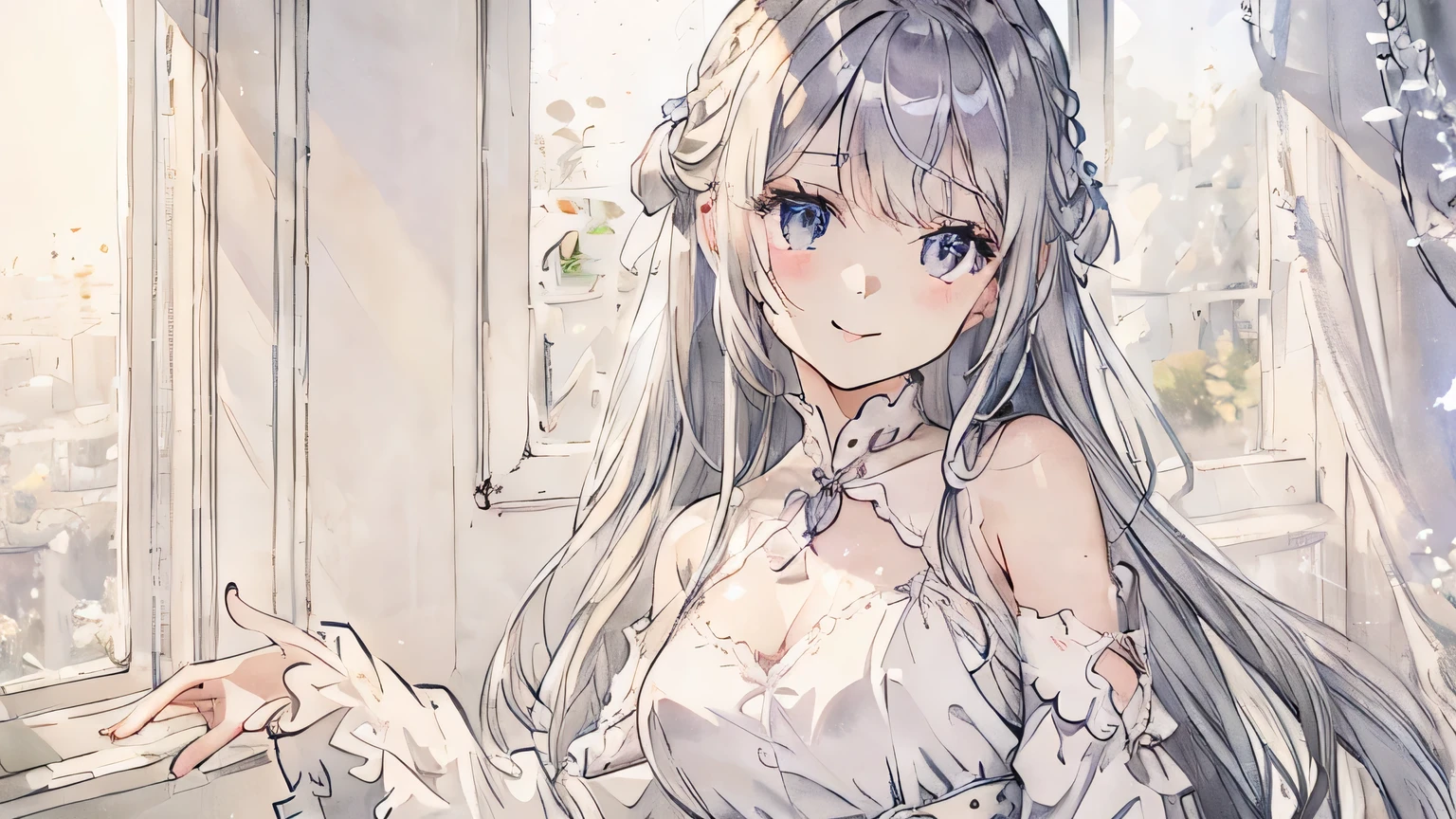 Silver Hair、Upper Body、By the window、White light、Photo studio、soft、pale colour、detailed、Tilt、smile