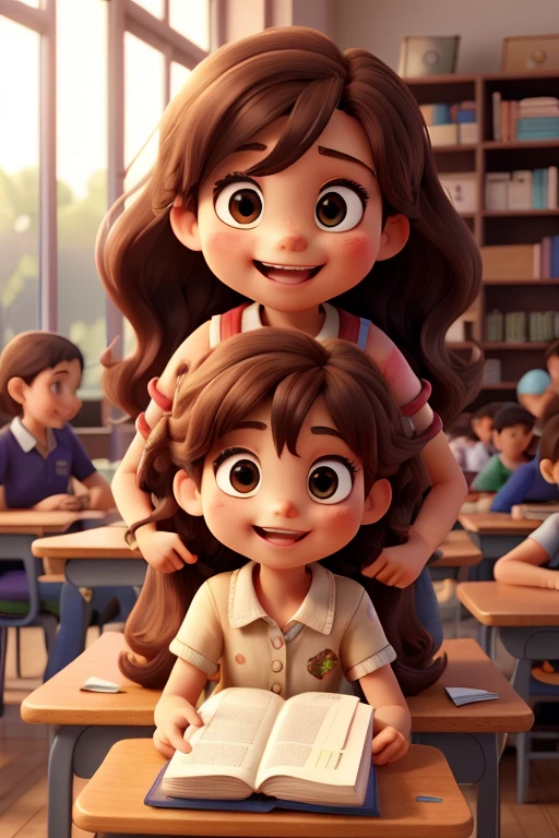 pile of books on a school desk, a young causasian girl, wavy long brown hair, happy children nexto to the books. Cute expressions. Perfect image. clear and bright atmosphere