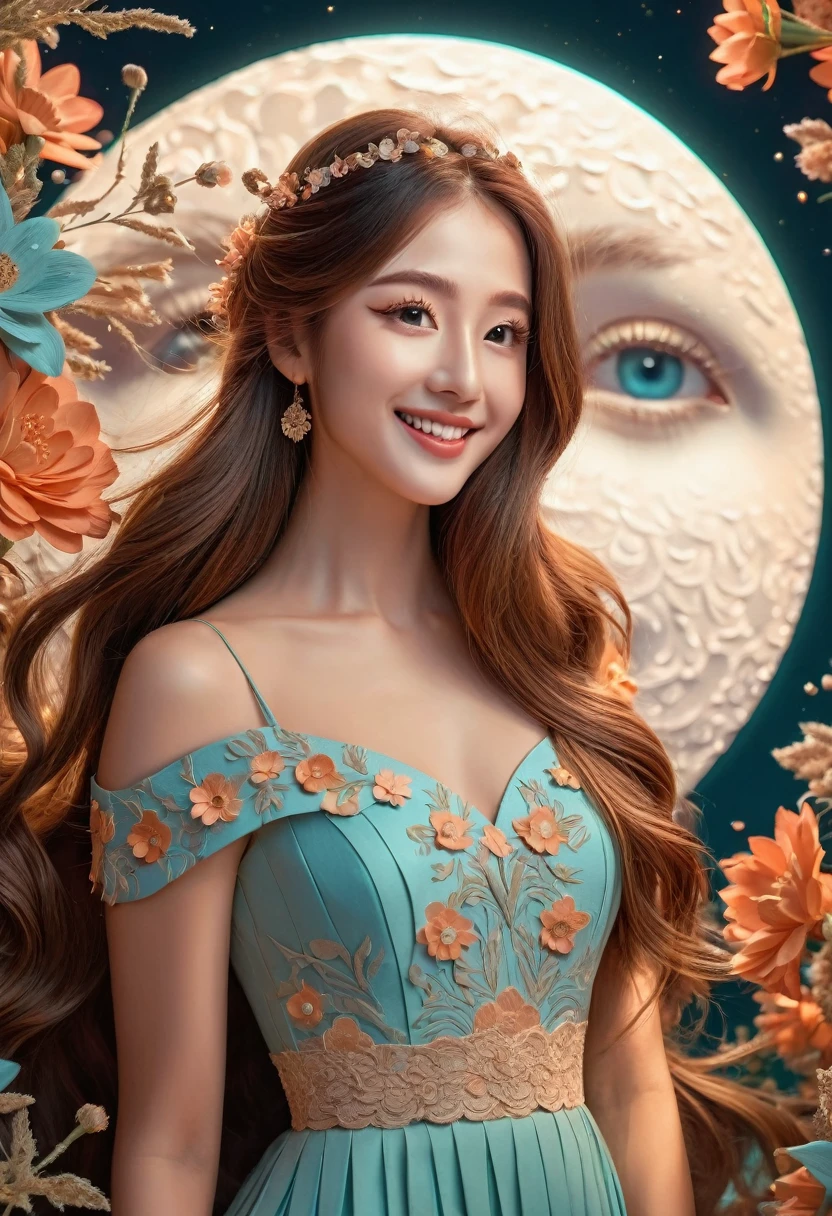 (masterpiece),(best quality), illustration, (fantasy:1.4), brown long hair, long eye lashes, solid circle eyes, light smile, Surrealism, drop shadow, anaglyph, stereogram, atmospheric perspective, 8k, super detail, accurate, best quality, UHD, textured skin, long dress, a moon, flowers , paper_cut