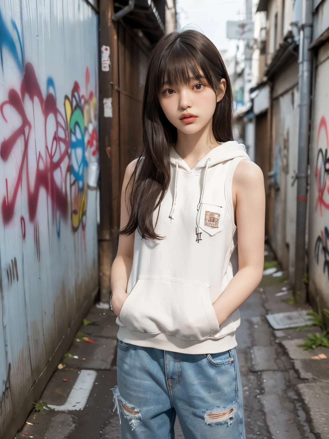 raw photo, 8k, (top-quality), Realistic, (real picture, Intricate details), (natural skin texture, detailed skin, hyper realism, sharpness), (Japanese teenage girl in a dirty back alley at night, hands in pocket, graffitied wall:1.3), ((white hoodie, sleeveless, white jersey pants)), (flat chest:1.3, pale skin:1.2, slender body), ((straight hair, blunt bangs)), (seductive face, provocative look, Parted lips:1.3, eye bag:1.2, red thick lips), graffiti:1.5, night time, upper body shot